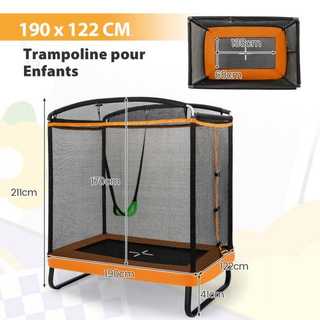 Helloshop26 - 2 en 1 trampoline enfants 190 x 122cm avec balançoire amovible trampoline de jardin avec filet de sécurité charge 100 kg pour 3 ans+ noir orange - Imagen 4