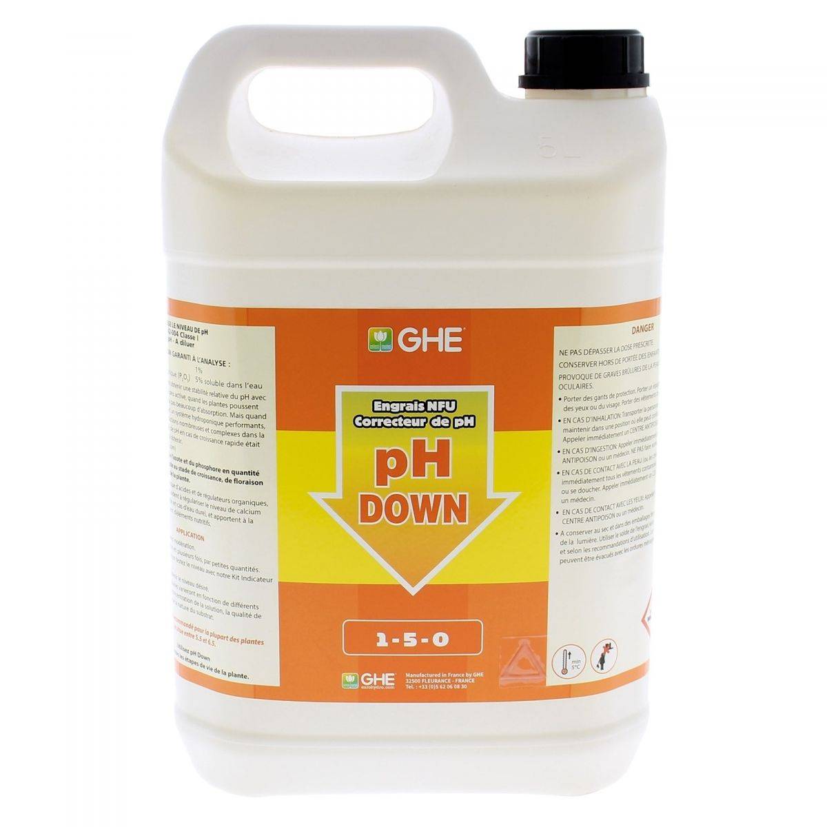 GHE PH Down 5 Litres - Régulateur PH + Calcium Pour Culture Hydroponique Et Terre