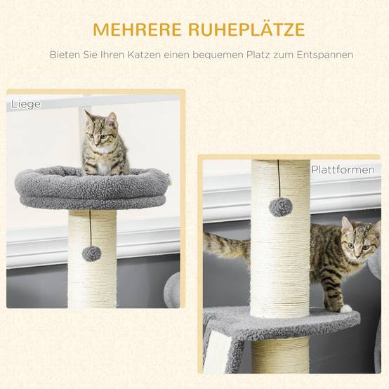 Arbre à chat, une plateforme, balle de jeu suspendue, sisal, gris foncé et crème, dimensions 48x48x92cm - Image 4