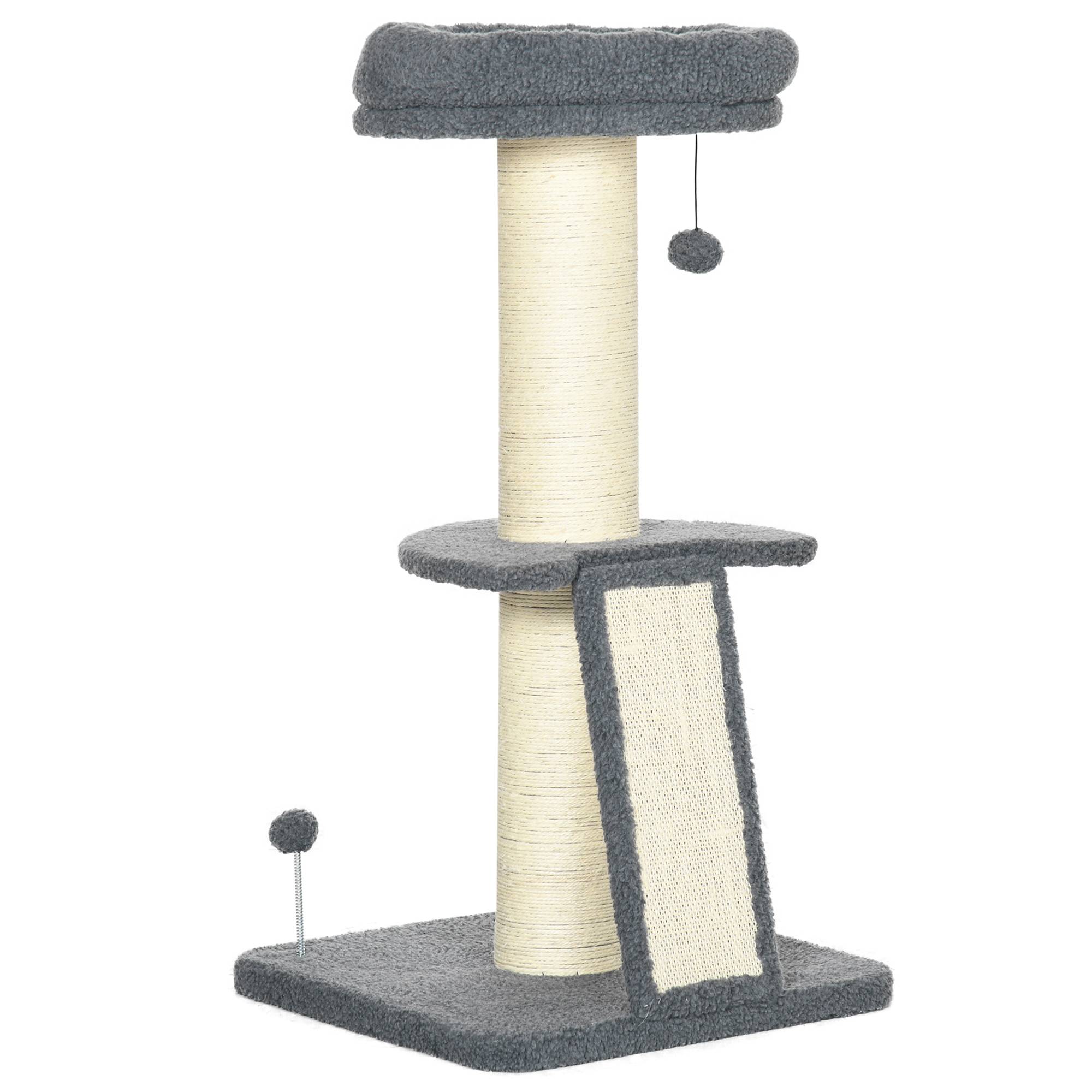 Arbre à chat, une plateforme, balle de jeu suspendue, sisal, gris foncé et crème, dimensions 48x48x92cm - Image 1