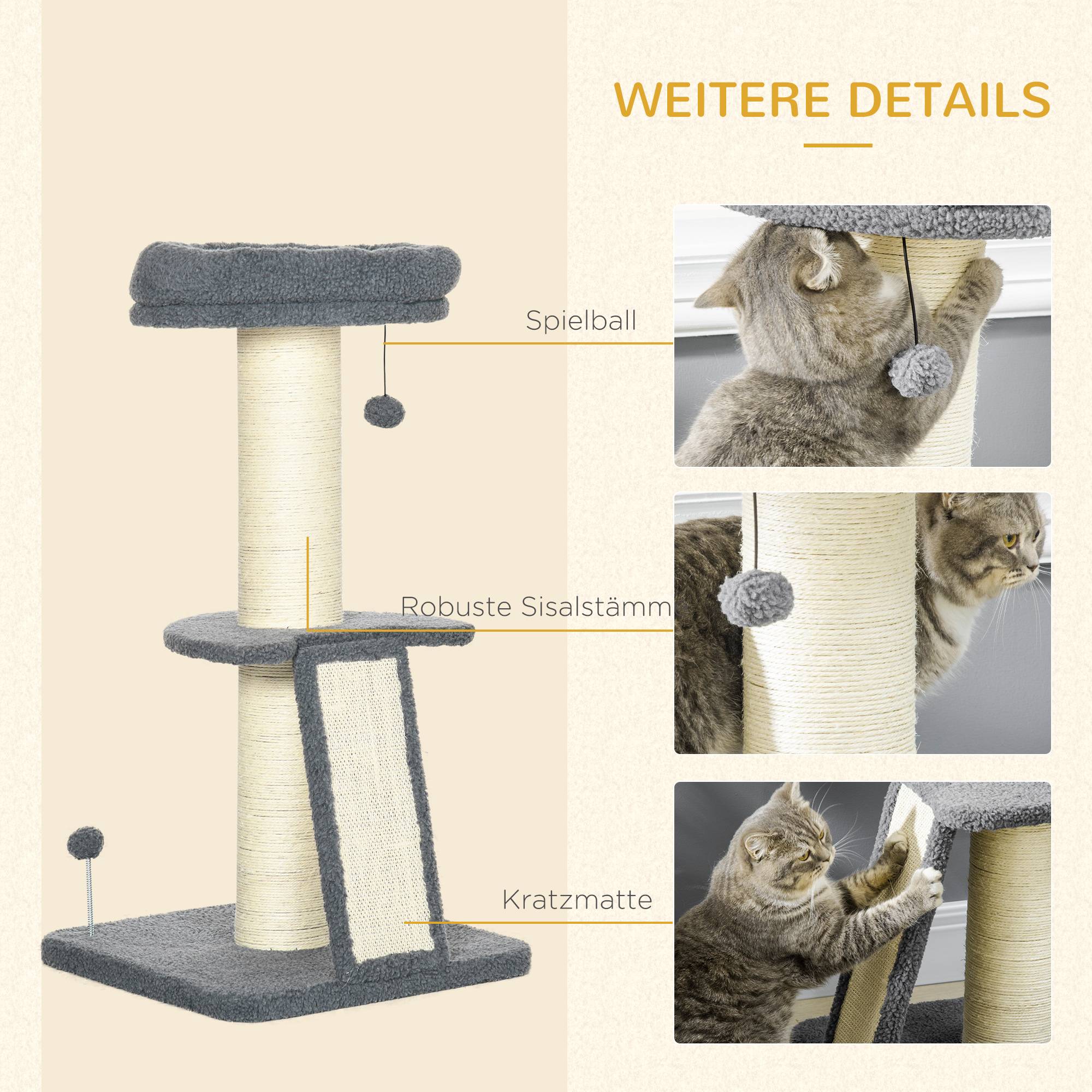 Arbre à chat, une plateforme, balle de jeu suspendue, sisal, gris foncé et crème, dimensions 48x48x92cm - Image 5