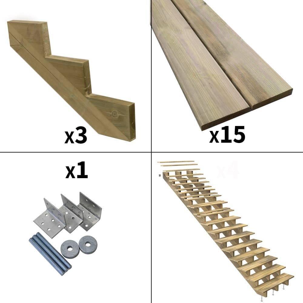 Decklinea - Escalier Bois Exterieur - 15 Marches - Largeur : 1m20 - Hauteur : 2m55 - Sans Contremarches - Pin du Nord - Imagen 2