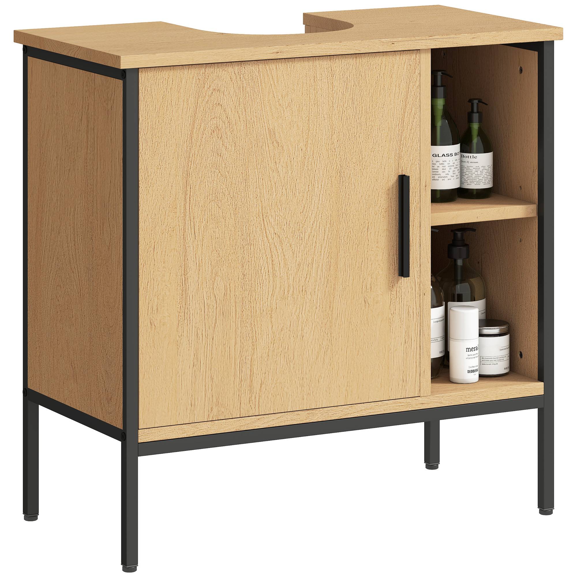 Sans Marque - Meuble sous-évier porte étagère réglable lavabo sur pied 60x30x59,5 cm Chêne - Image 1