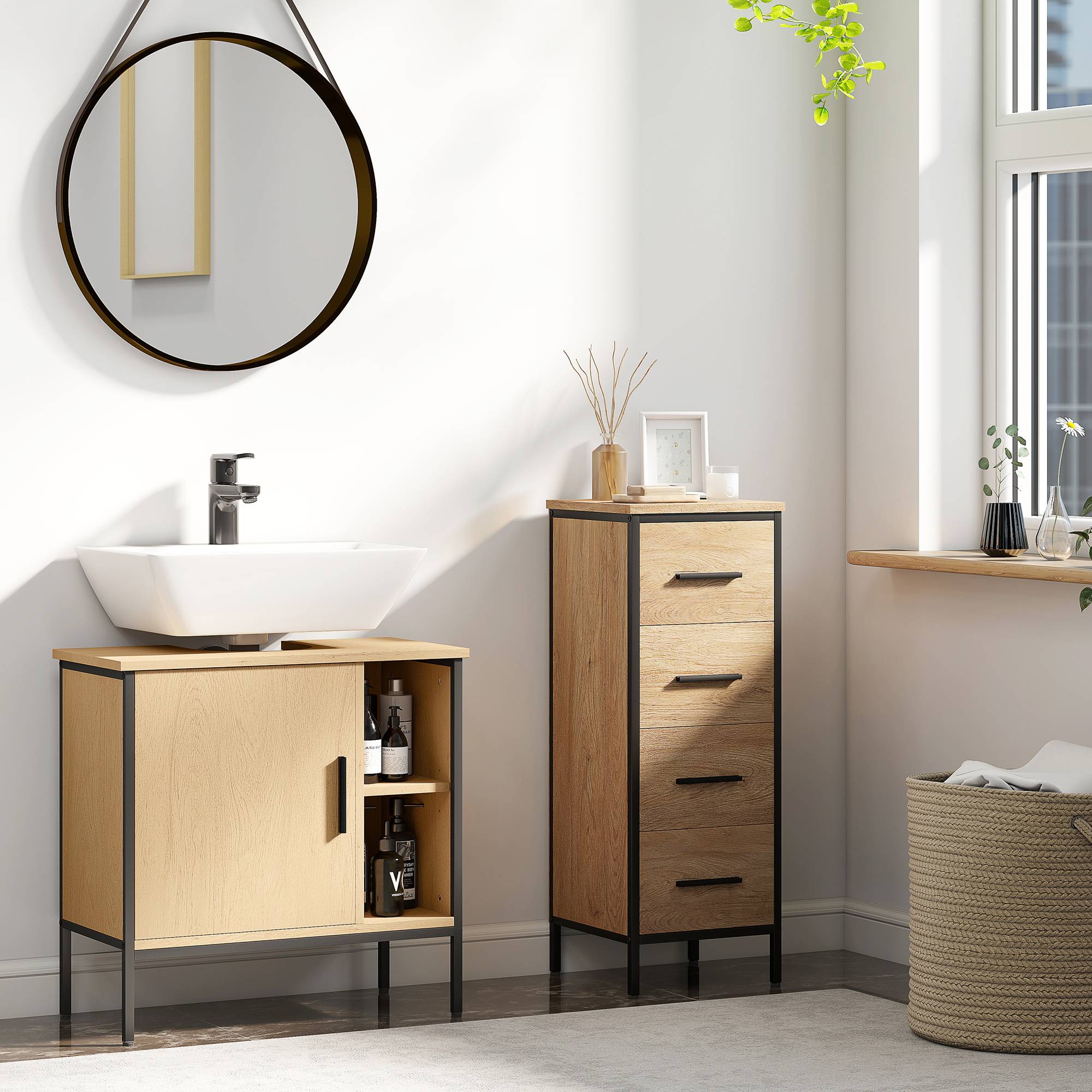 Sans Marque - Meuble sous-évier porte étagère réglable lavabo sur pied 60x30x59,5 cm Chêne - Image 3