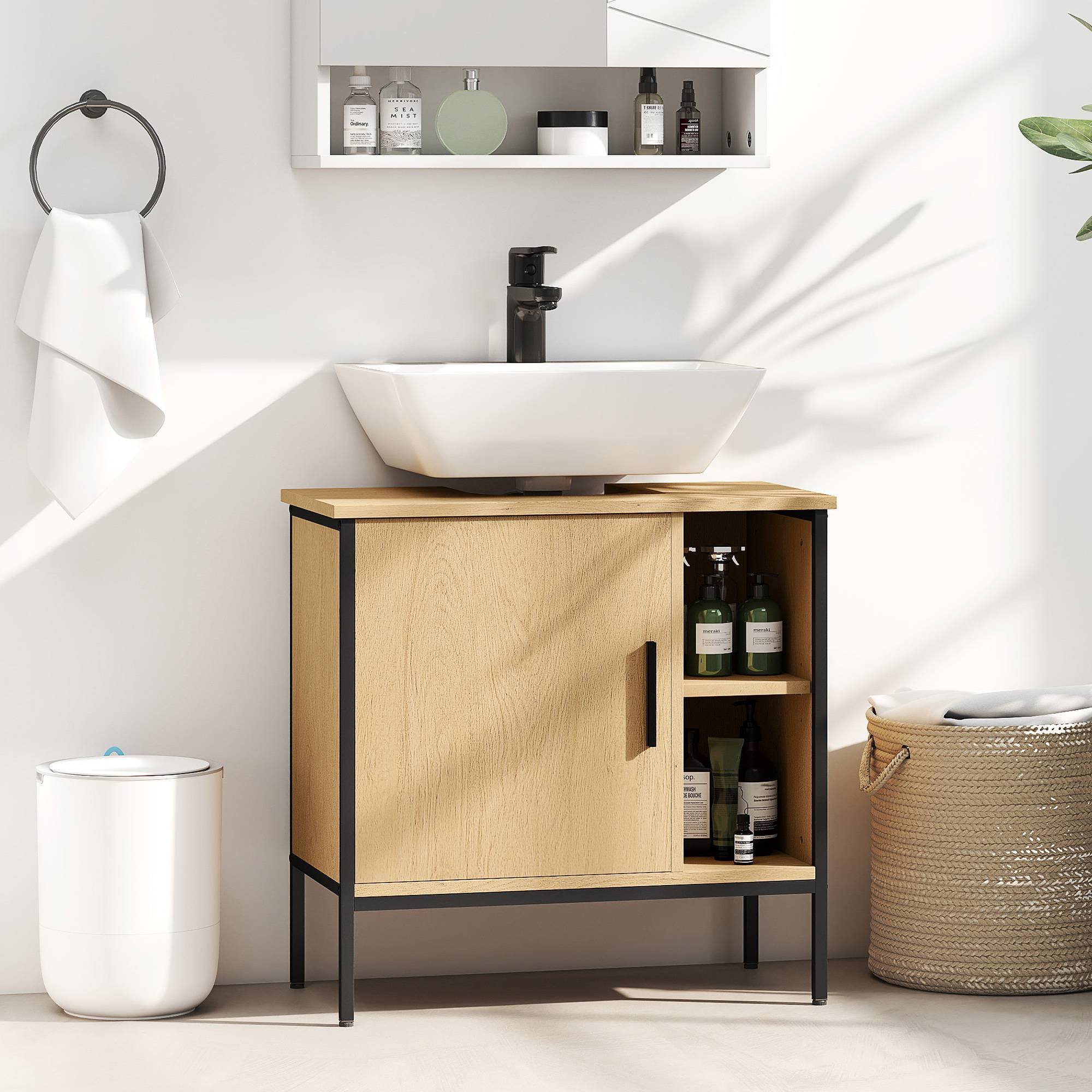 Sans Marque - Meuble sous-évier porte étagère réglable lavabo sur pied 60x30x59,5 cm Chêne - Image 4