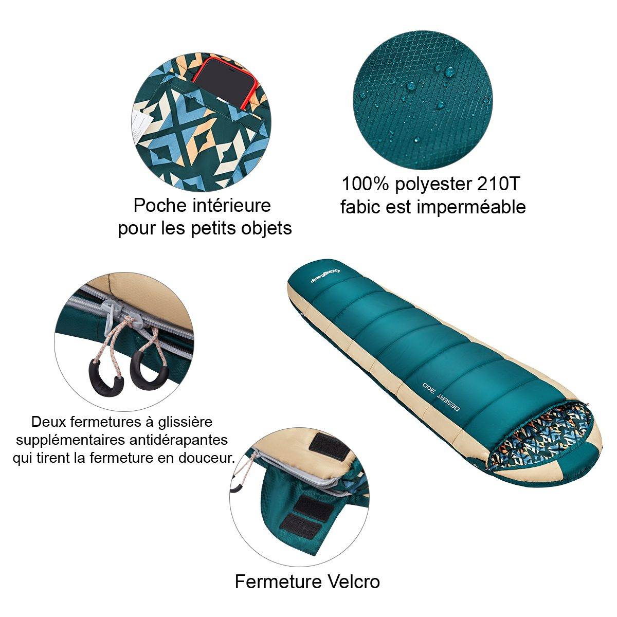 Sac de couchage forme momie Desert - Vert - 215 x 55 cm - Kingcamp - Imagen 3