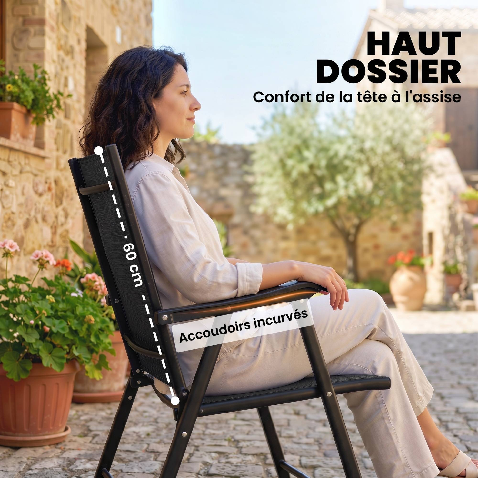 Lot de 4 Chaises de Jardin Pliantes Structure Acier Robuste sans Montage Dossier Haut Ergonomique 58x62x97cm Noir - Image 6