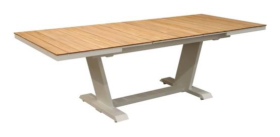 Proloisirs - Table de repas extensible – AMBER – 180/240 x 100 cm – Aluminium époxy blanc / Lames teck – Allonge automatique