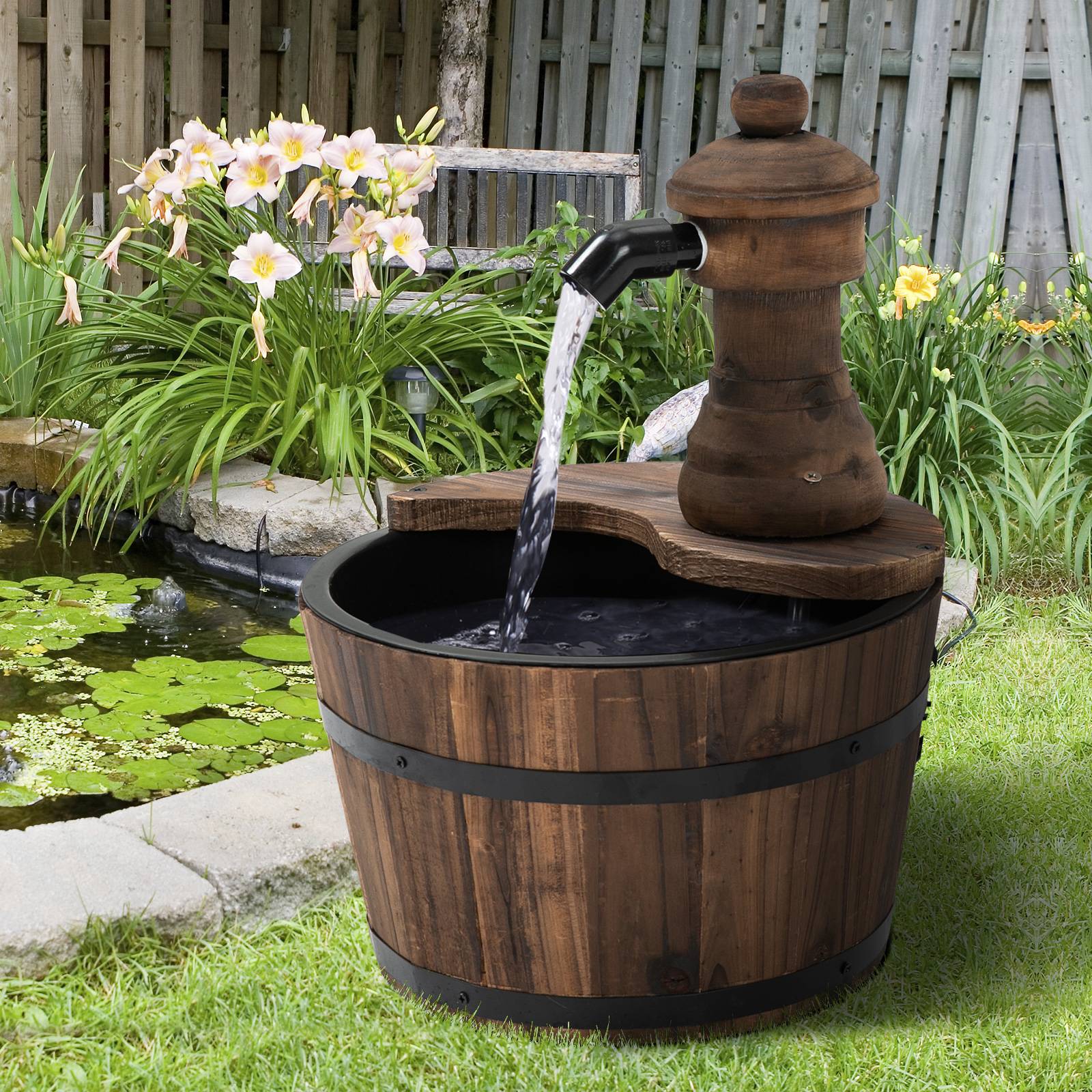 Fontaine de jardin bois de sapin et métal bois naturel 27 x 27 x 37 cm - PANGIVO - Image 4
