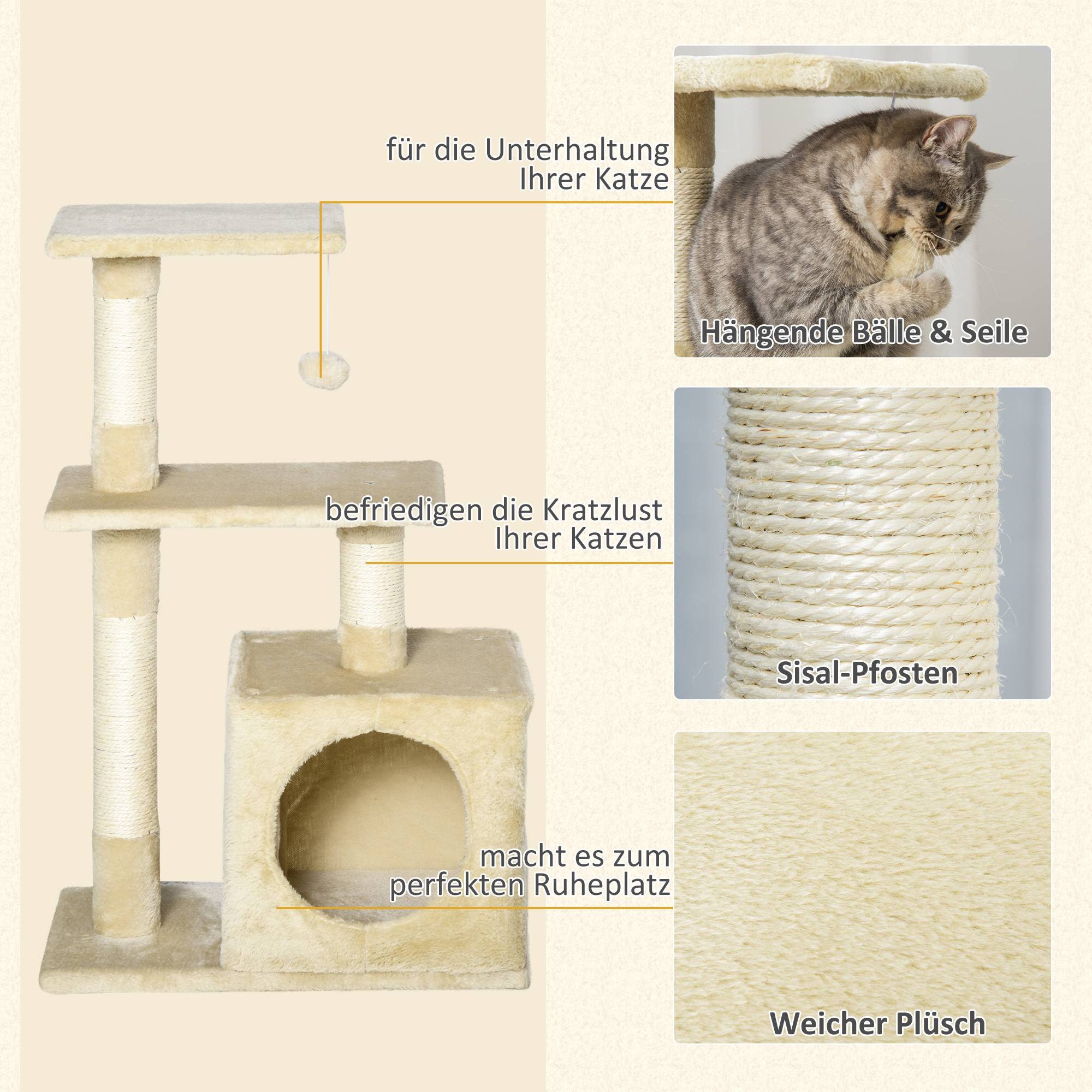 Arbre à chat PawHut sisal, panneau à griffer, jouet, E1 robuste, beige, 50 x 30 x 81,5 cm - Image 7
