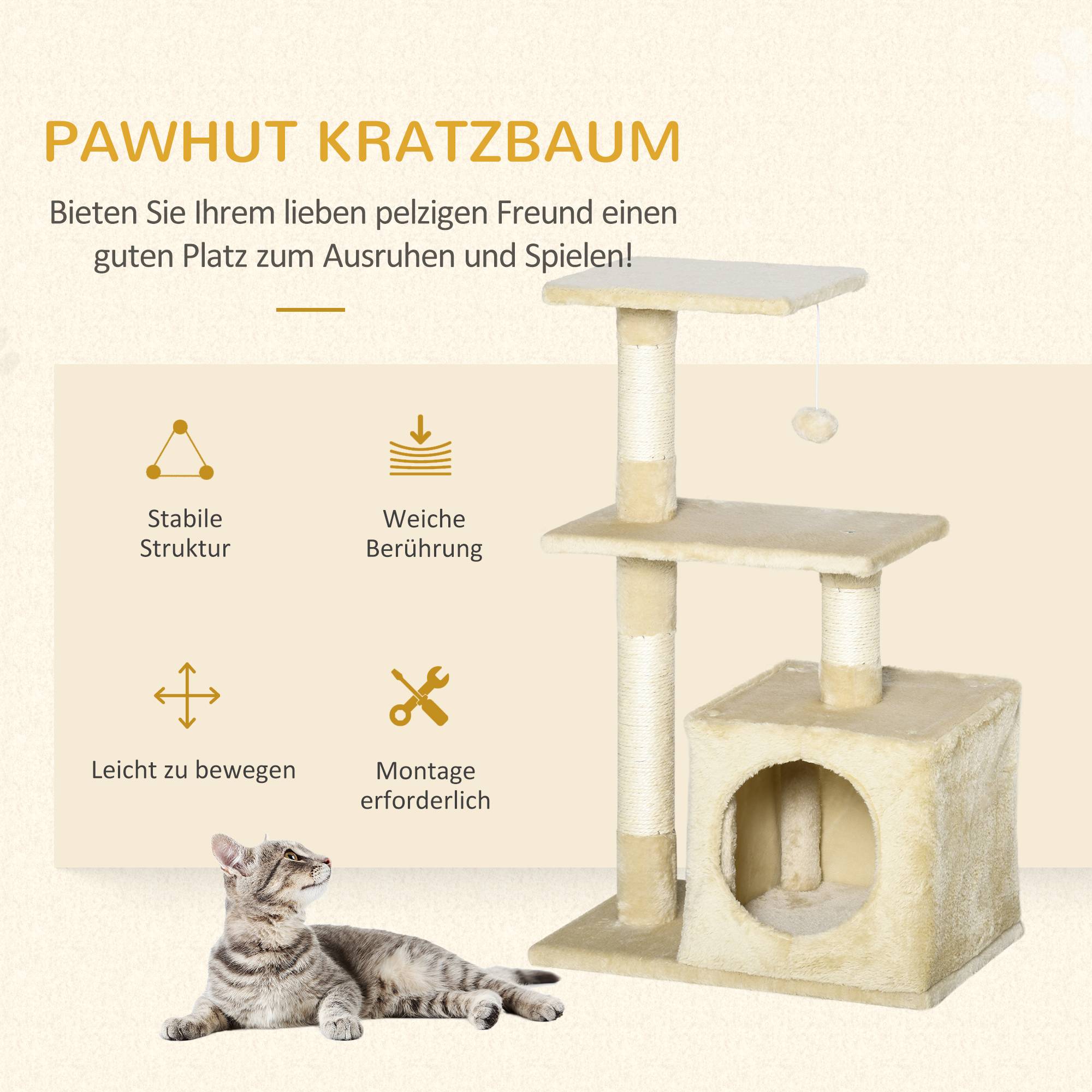 Arbre à chat PawHut sisal, panneau à griffer, jouet, E1 robuste, beige, 50 x 30 x 81,5 cm - Image 6