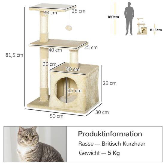 Arbre à chat PawHut sisal, panneau à griffer, jouet, E1 robuste, beige, 50 x 30 x 81,5 cm - Image 5