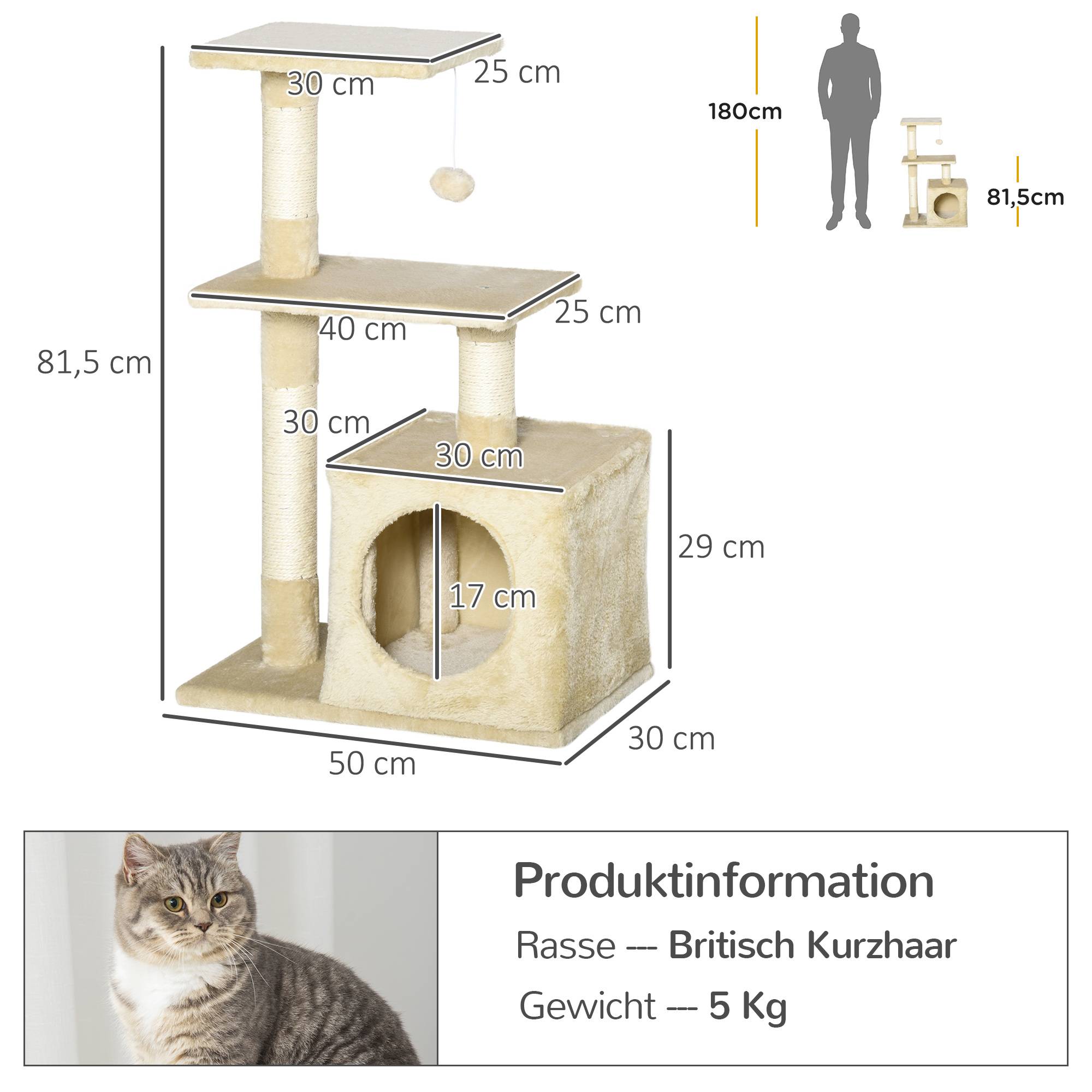 Arbre à chat PawHut sisal, panneau à griffer, jouet, E1 robuste, beige, 50 x 30 x 81,5 cm - Image 5