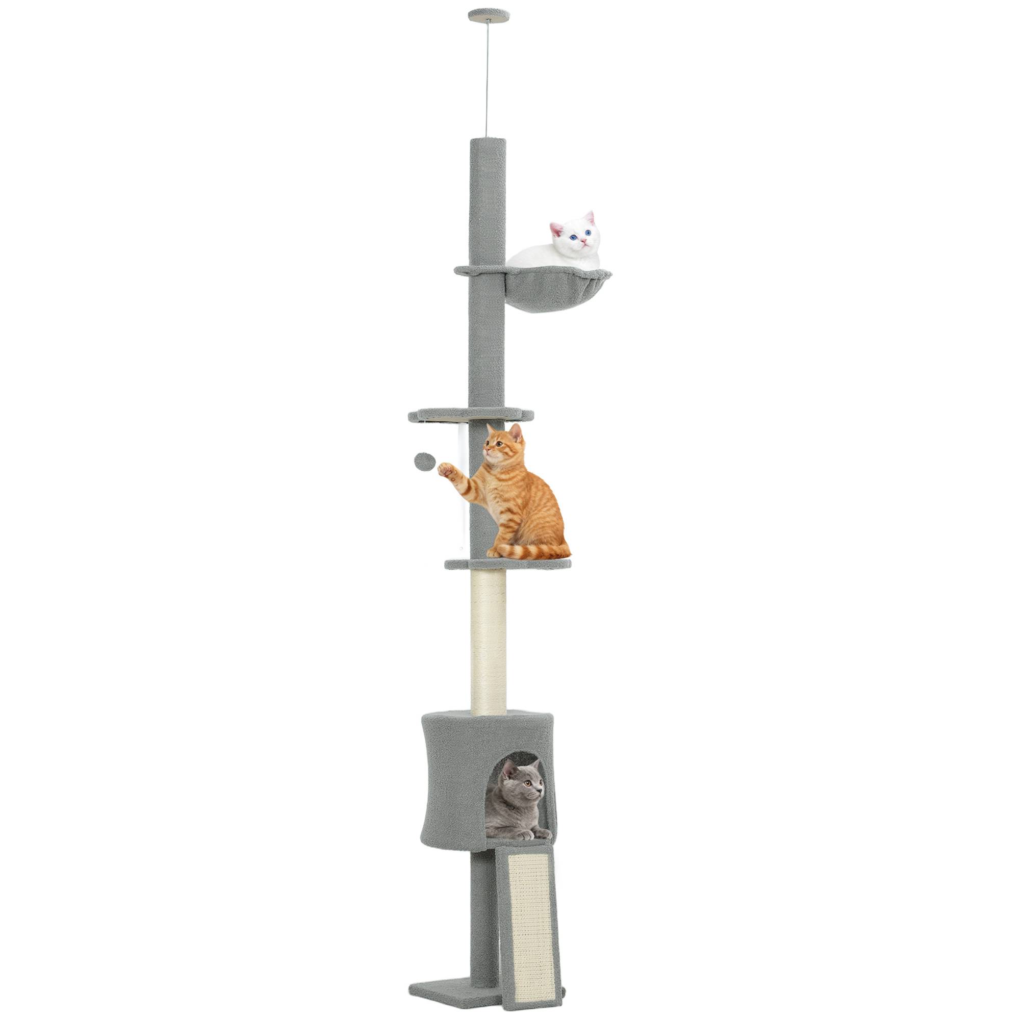 Sans Marque - Arbre à chat du sol au plafond, hauteur réglable 220-240 cm, avec hamac, plateformes fleuries, niches, rampe, balle, gris clair - Image 1