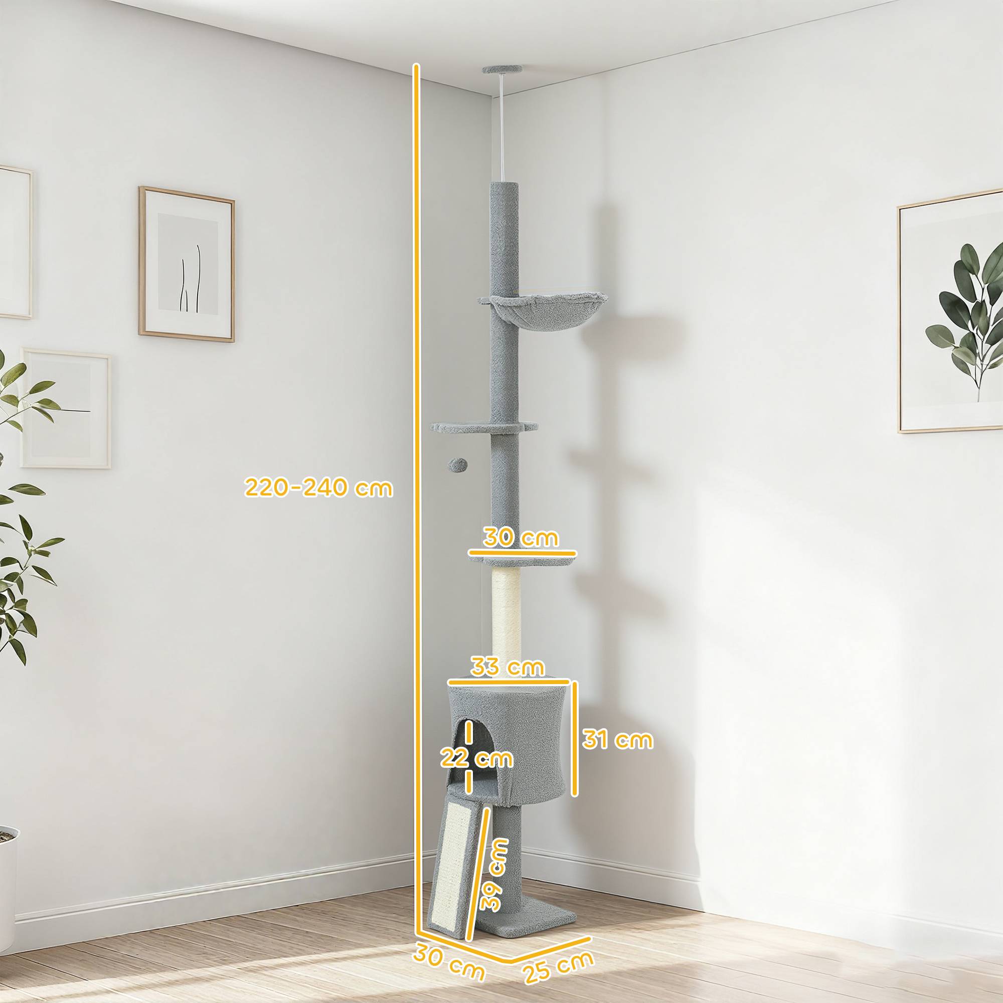 Sans Marque - Arbre à chat du sol au plafond, hauteur réglable 220-240 cm, avec hamac, plateformes fleuries, niches, rampe, balle, gris clair - Image 5