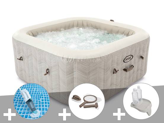 Kit spa gonflable Intex PureSpa Chevron carré Bulles 4 places + Aspirateur + Kit d'entretien + Porte-verre