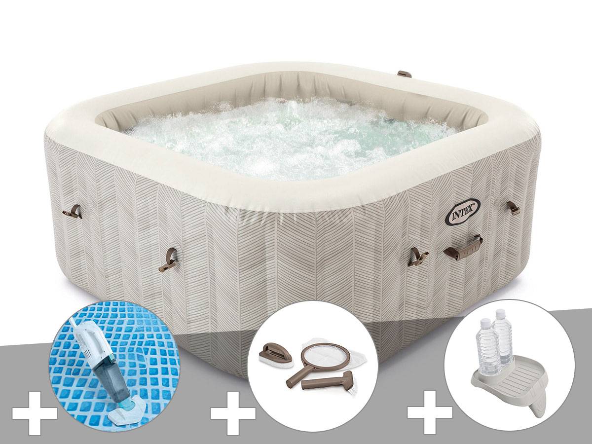 Kit spa gonflable Intex PureSpa Chevron carré Bulles 4 places + Aspirateur + Kit d'entretien + Porte-verre