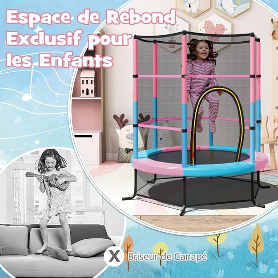 Costway - Trampoline Extérieur Enfants Ø165 CM avec Filet de Sécurité, Trampoline Enfants avec Cadre en Acier & 6 Poteaux Recouvert de Mousse (Macaron) - Image 4