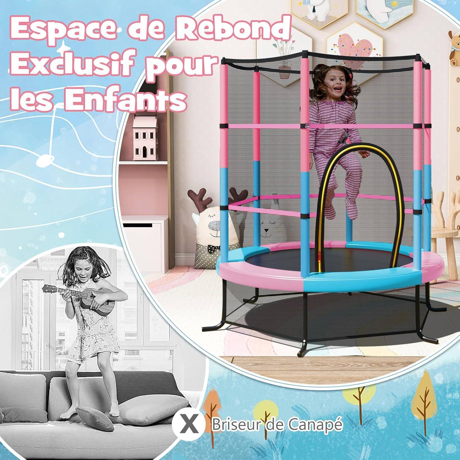 Costway - Trampoline Extérieur Enfants Ø165 CM avec Filet de Sécurité, Trampoline Enfants avec Cadre en Acier & 6 Poteaux Recouvert de Mousse (Macaron) - Image 4