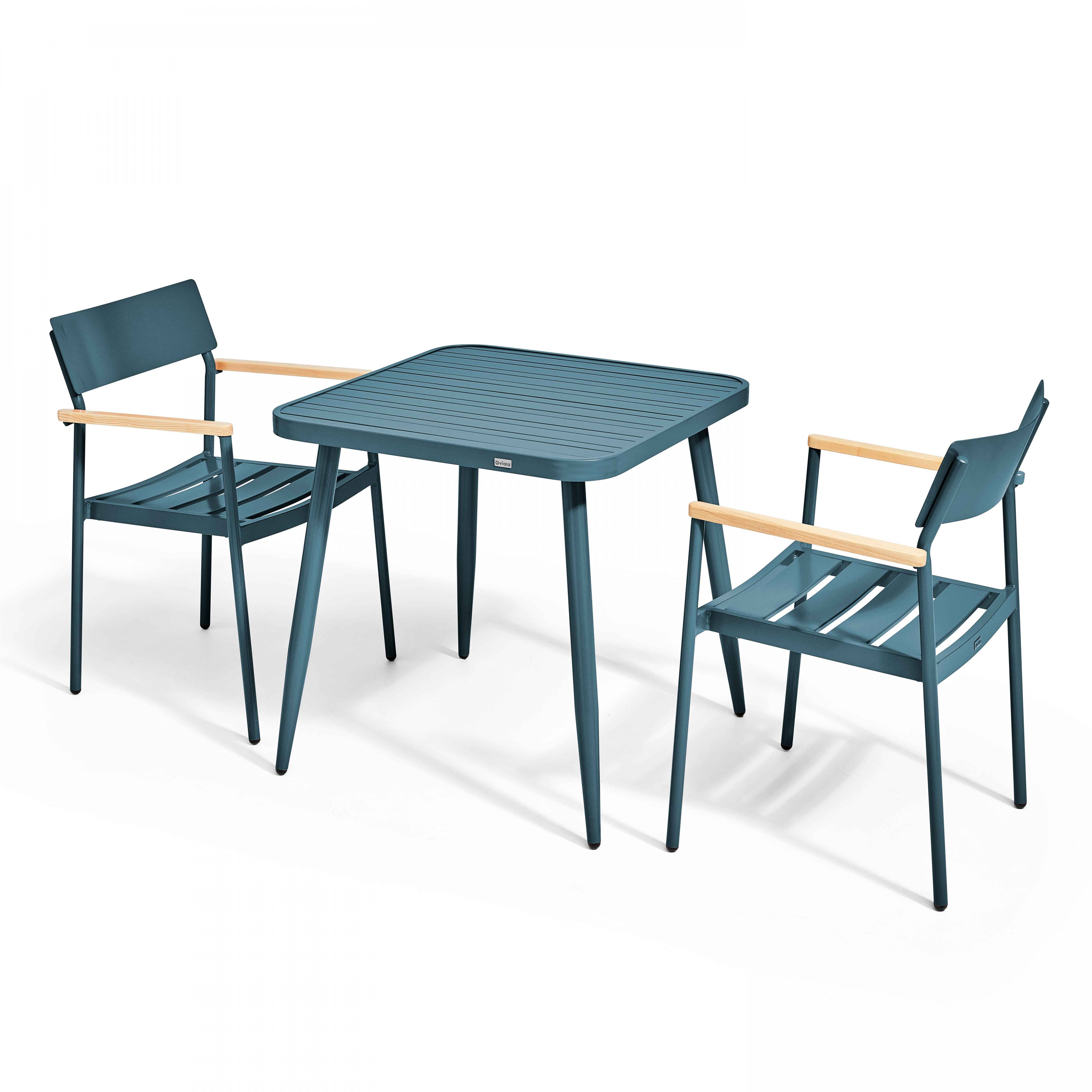 Oviala - Ensemble table de jardin et 2 fauteuils aluminium/bois bleu canard Bristol - Oviala - Imagen 1