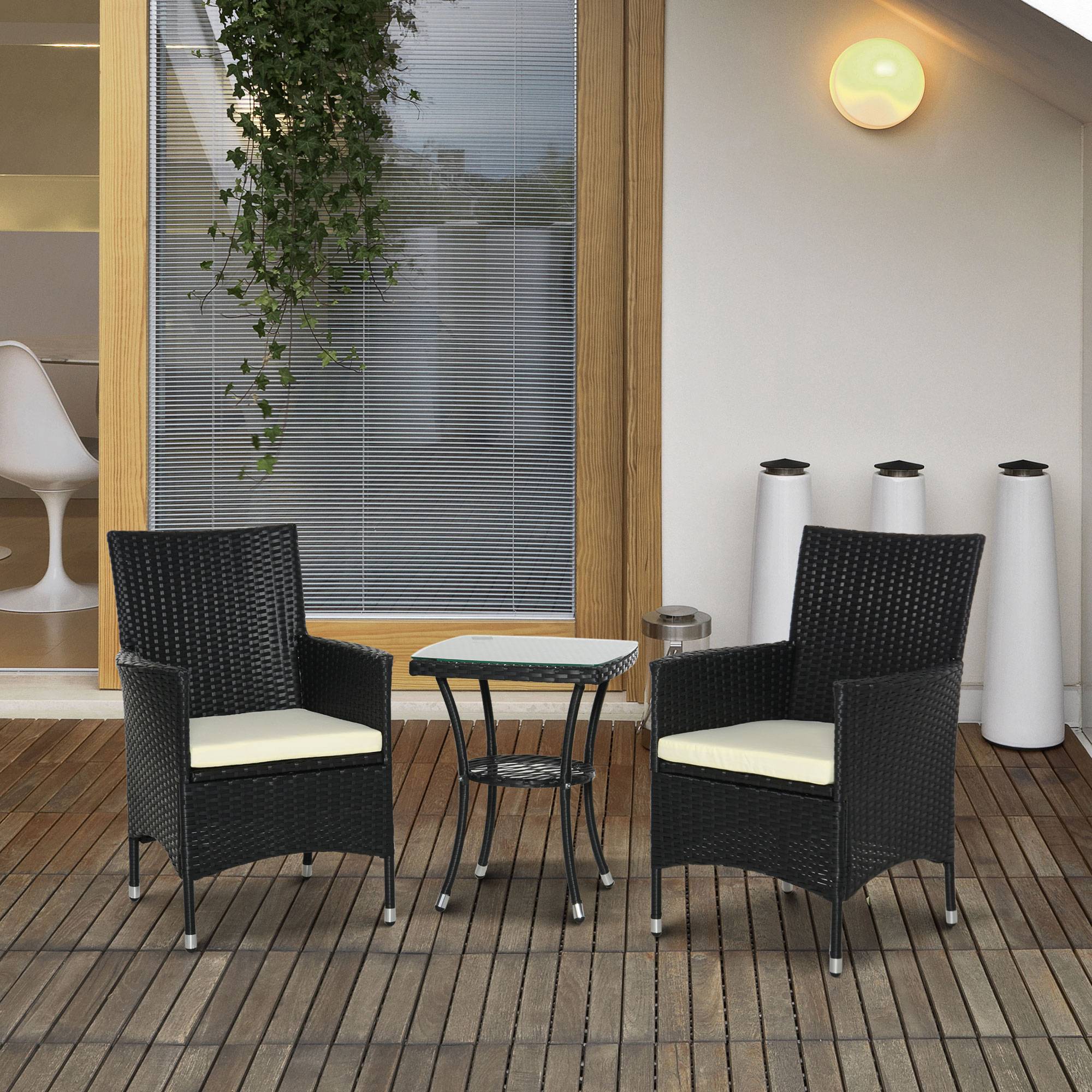 Outsunny - Ensemble salon de jardin 2 places 2 fauteuils table basse plateau verre trempé résine tressée 4 fils imitation rotin avec coussins noir - Outsunny - Imagen 2