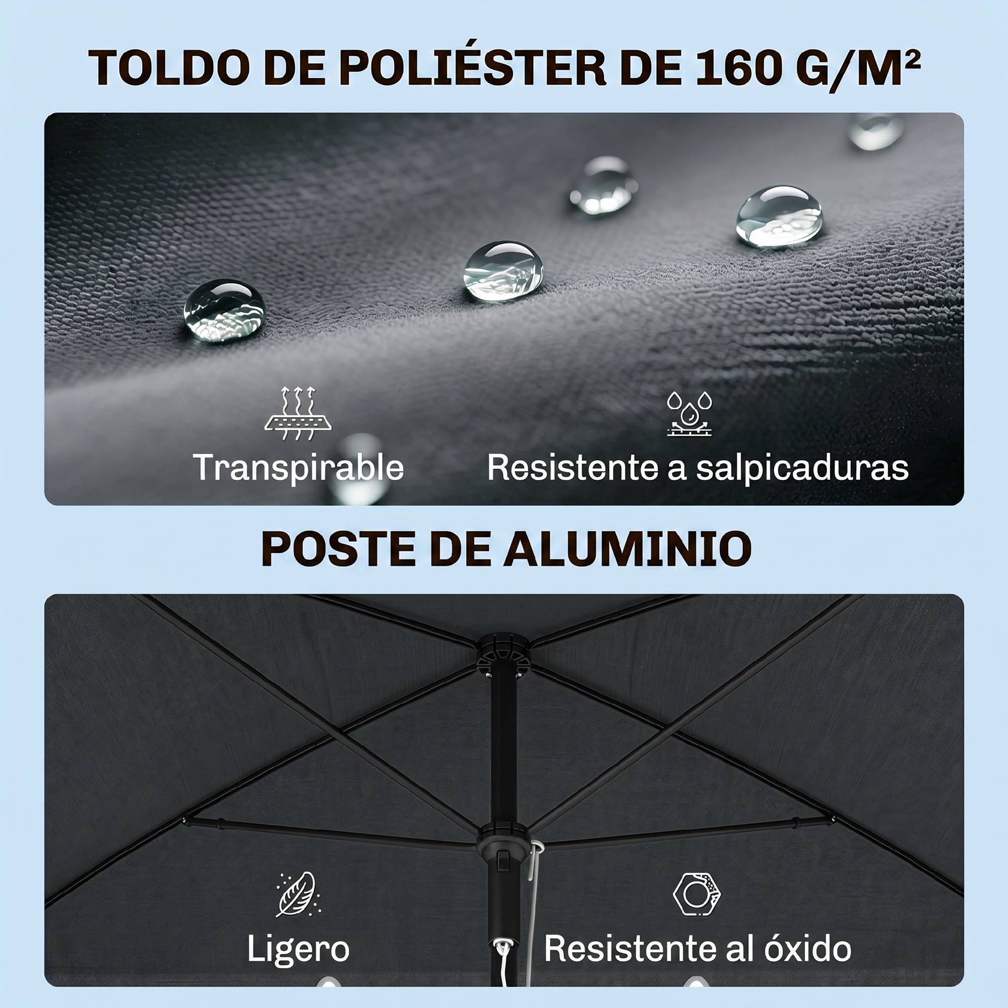 Parasol de terrasse rectangulaire en aluminium gris, 2 x 1,3 x 2,5 m, avec fonction d'inclinaison - Image 6