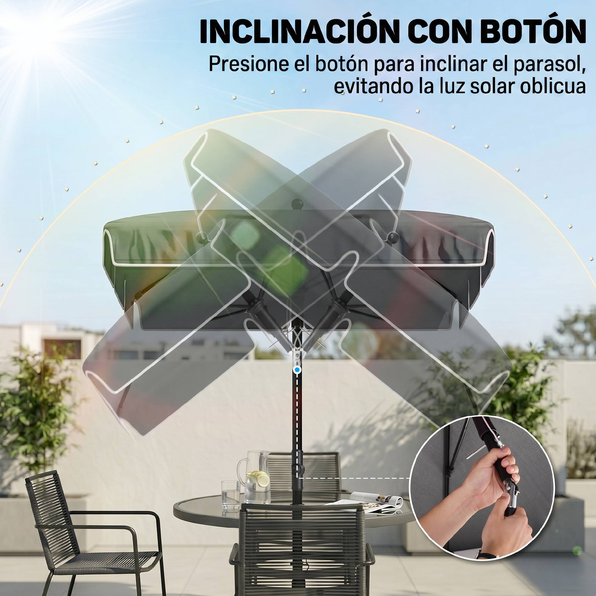 Parasol de terrasse rectangulaire en aluminium gris, 2 x 1,3 x 2,5 m, avec fonction d'inclinaison - Image 8