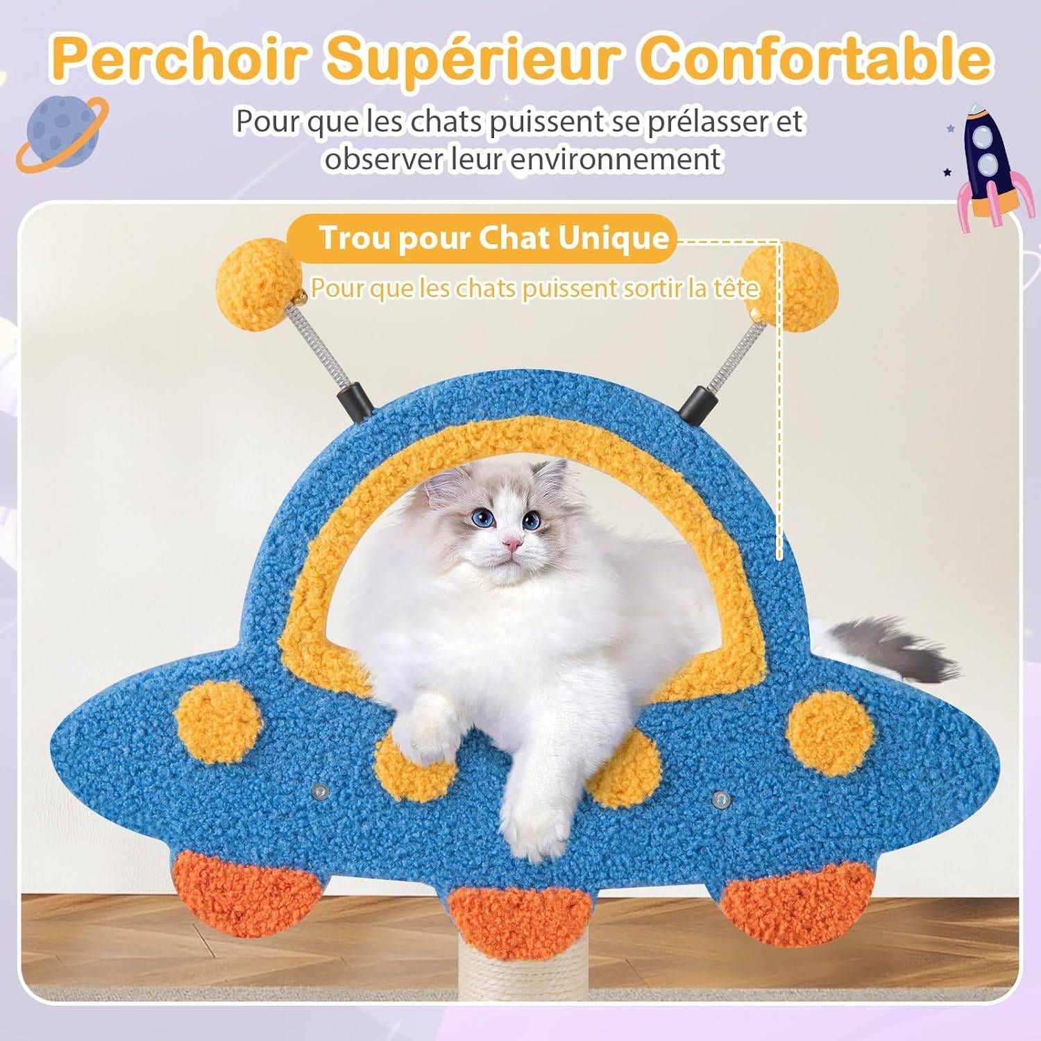 COSTWAY Arbre a Chat Design 87 cm, Petit Arbre a Chat à Thème Spatial, Griffoir pour Chat en Sisal, 4 Plateformes, Peluche Teddy, 80 × 33 × 87 cm - Image 5