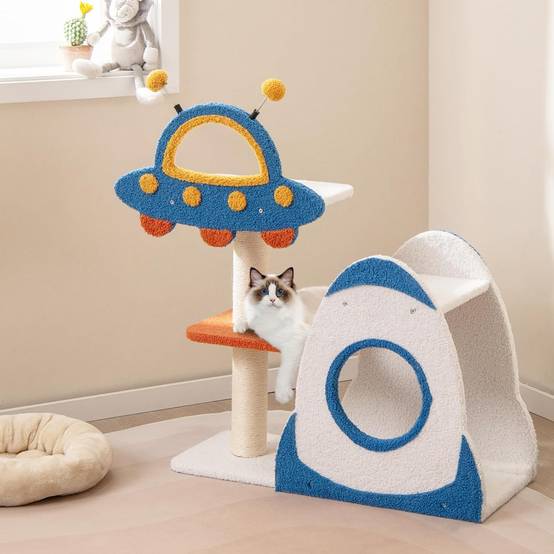 COSTWAY Arbre a Chat Design 87 cm, Petit Arbre a Chat à Thème Spatial, Griffoir pour Chat en Sisal, 4 Plateformes, Peluche Teddy, 80 × 33 × 87 cm - Image 9