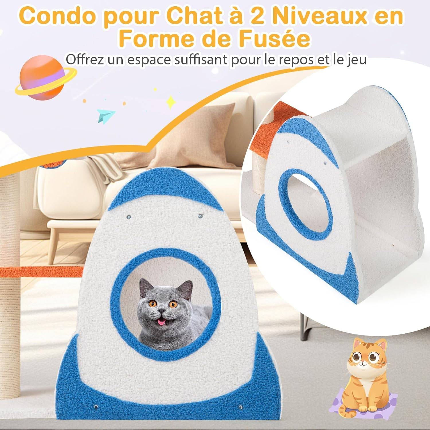 COSTWAY Arbre a Chat Design 87 cm, Petit Arbre a Chat à Thème Spatial, Griffoir pour Chat en Sisal, 4 Plateformes, Peluche Teddy, 80 × 33 × 87 cm - Image 6