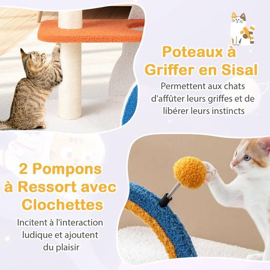 COSTWAY Arbre a Chat Design 87 cm, Petit Arbre a Chat à Thème Spatial, Griffoir pour Chat en Sisal, 4 Plateformes, Peluche Teddy, 80 × 33 × 87 cm - Image 8