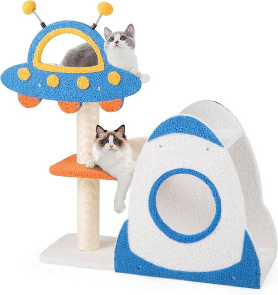 COSTWAY Arbre a Chat Design 87 cm, Petit Arbre a Chat à Thème Spatial, Griffoir pour Chat en Sisal, 4 Plateformes, Peluche Teddy, 80 × 33 × 87 cm - Image 1