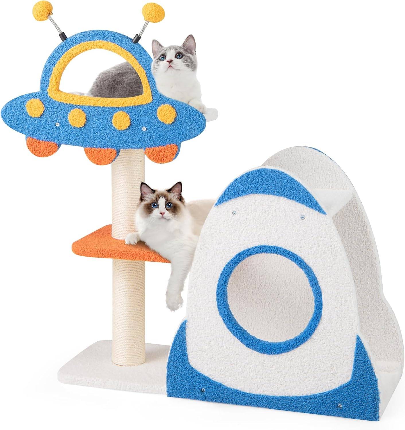 COSTWAY Arbre a Chat Design 87 cm, Petit Arbre a Chat à Thème Spatial, Griffoir pour Chat en Sisal, 4 Plateformes, Peluche Teddy, 80 × 33 × 87 cm - Image 1