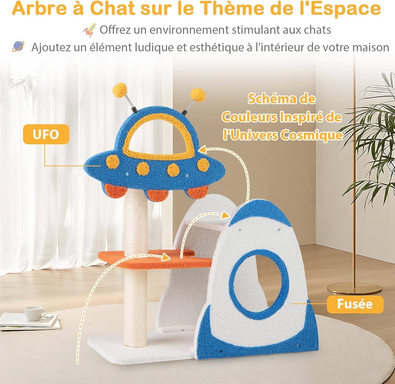 COSTWAY Arbre a Chat Design 87 cm, Petit Arbre a Chat à Thème Spatial, Griffoir pour Chat en Sisal, 4 Plateformes, Peluche Teddy, 80 × 33 × 87 cm - Image 4
