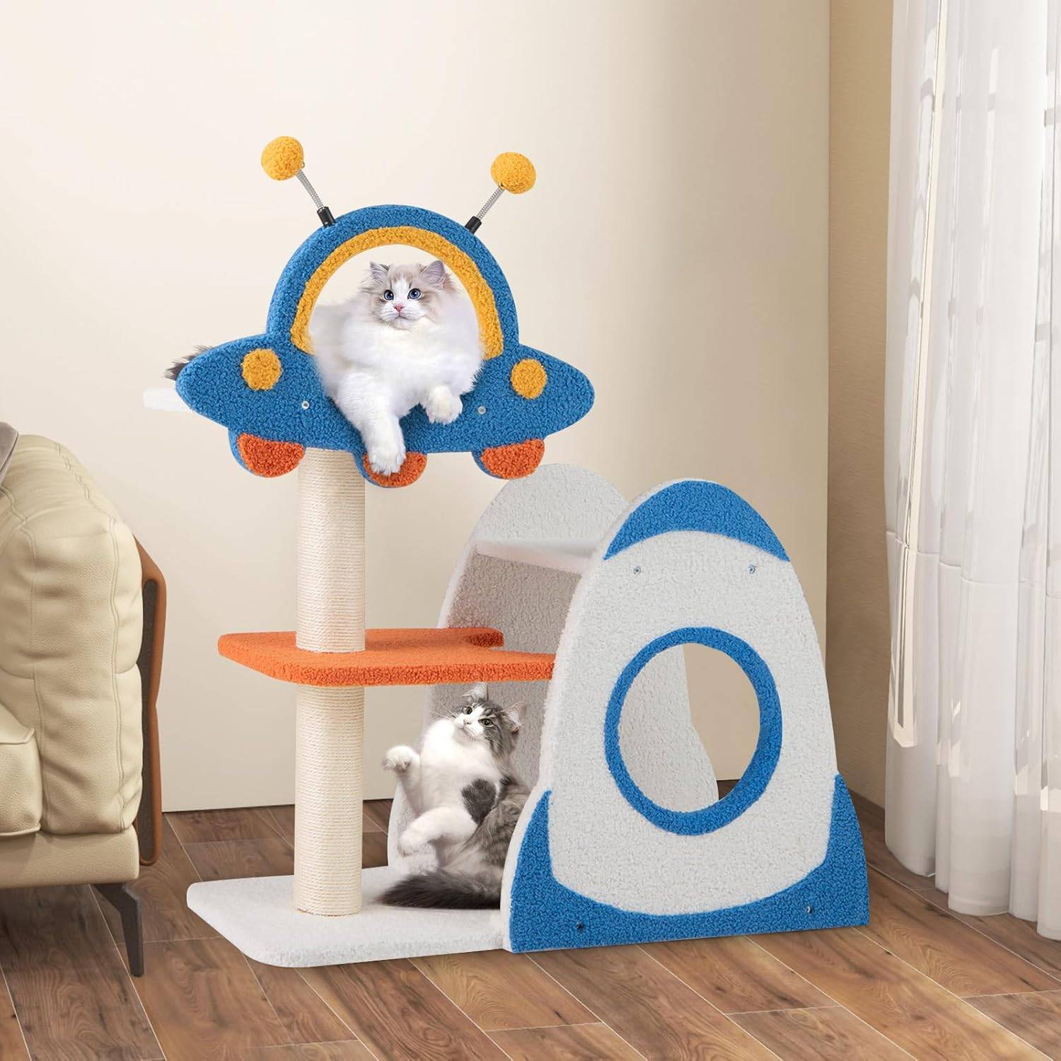 COSTWAY Arbre a Chat Design 87 cm, Petit Arbre a Chat à Thème Spatial, Griffoir pour Chat en Sisal, 4 Plateformes, Peluche Teddy, 80 × 33 × 87 cm - Image 2