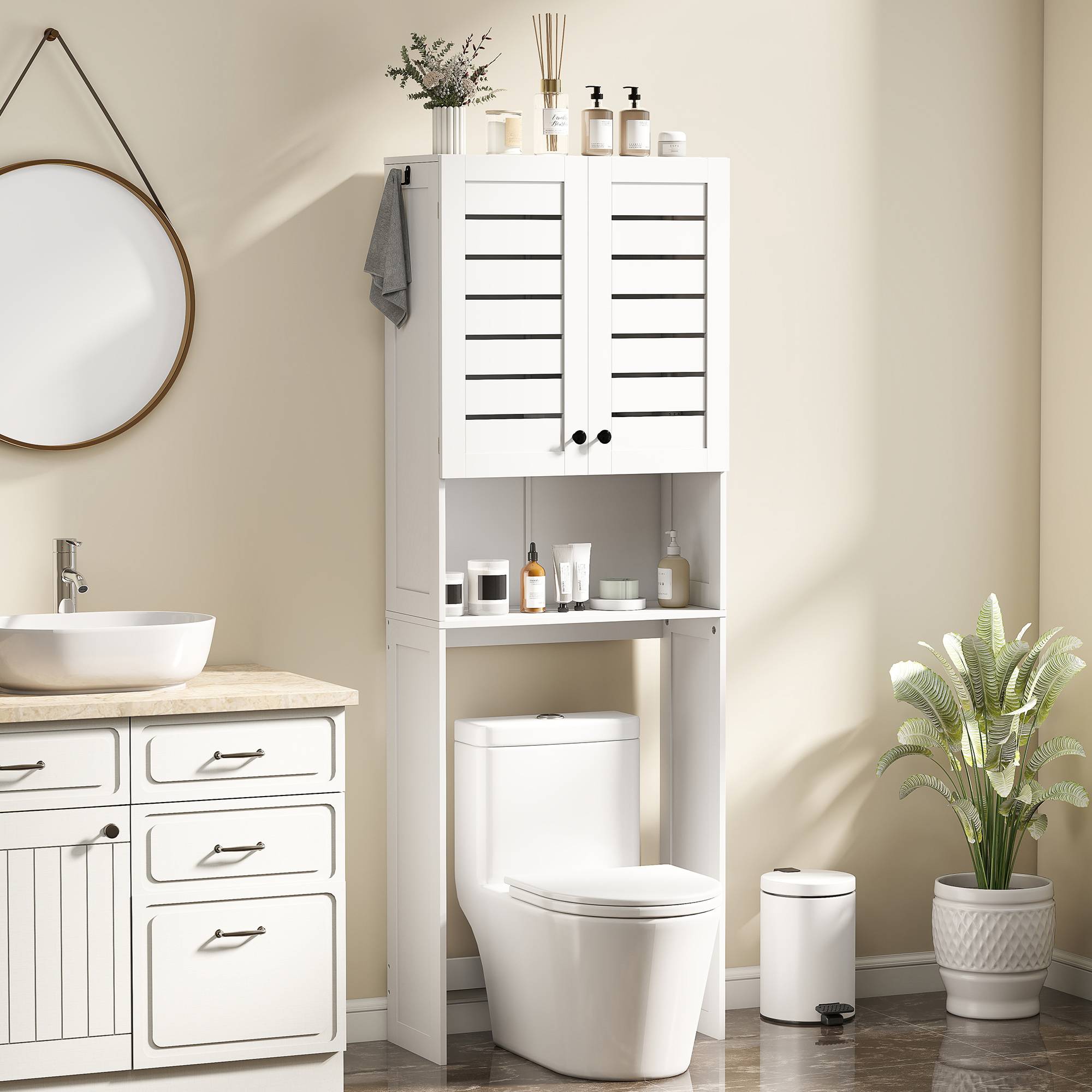 Sans Marque - Meuble WC dessus toilette/machine à laver placard porte double portes persiennes 67x31,5x190cm blanc - Image 3