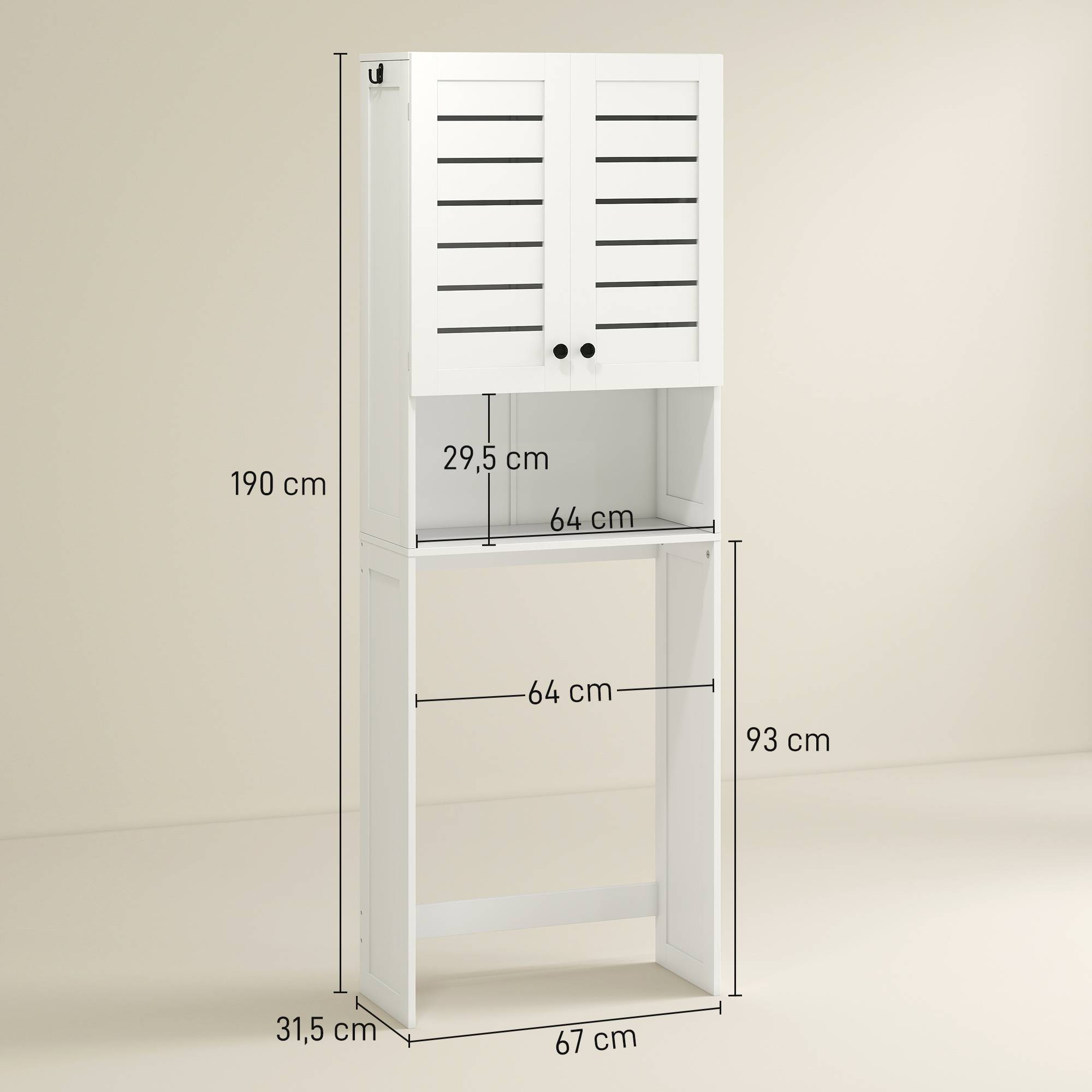 Sans Marque - Meuble WC dessus toilette/machine à laver placard porte double portes persiennes 67x31,5x190cm blanc - Image 5