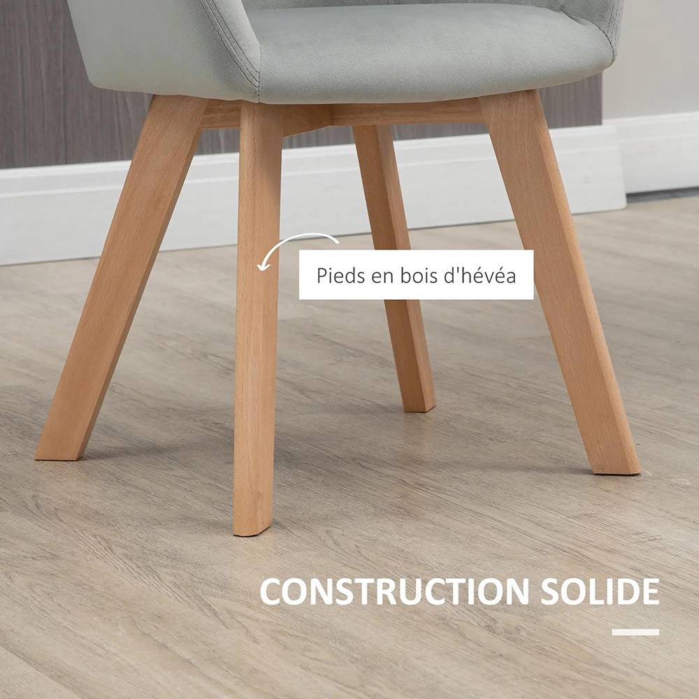 KOMHTOM - Lot de 2 chaises de salle à manger Fauteuil Assise rembourrée en tissu effet velours Pieds en bois, gris - Image 3