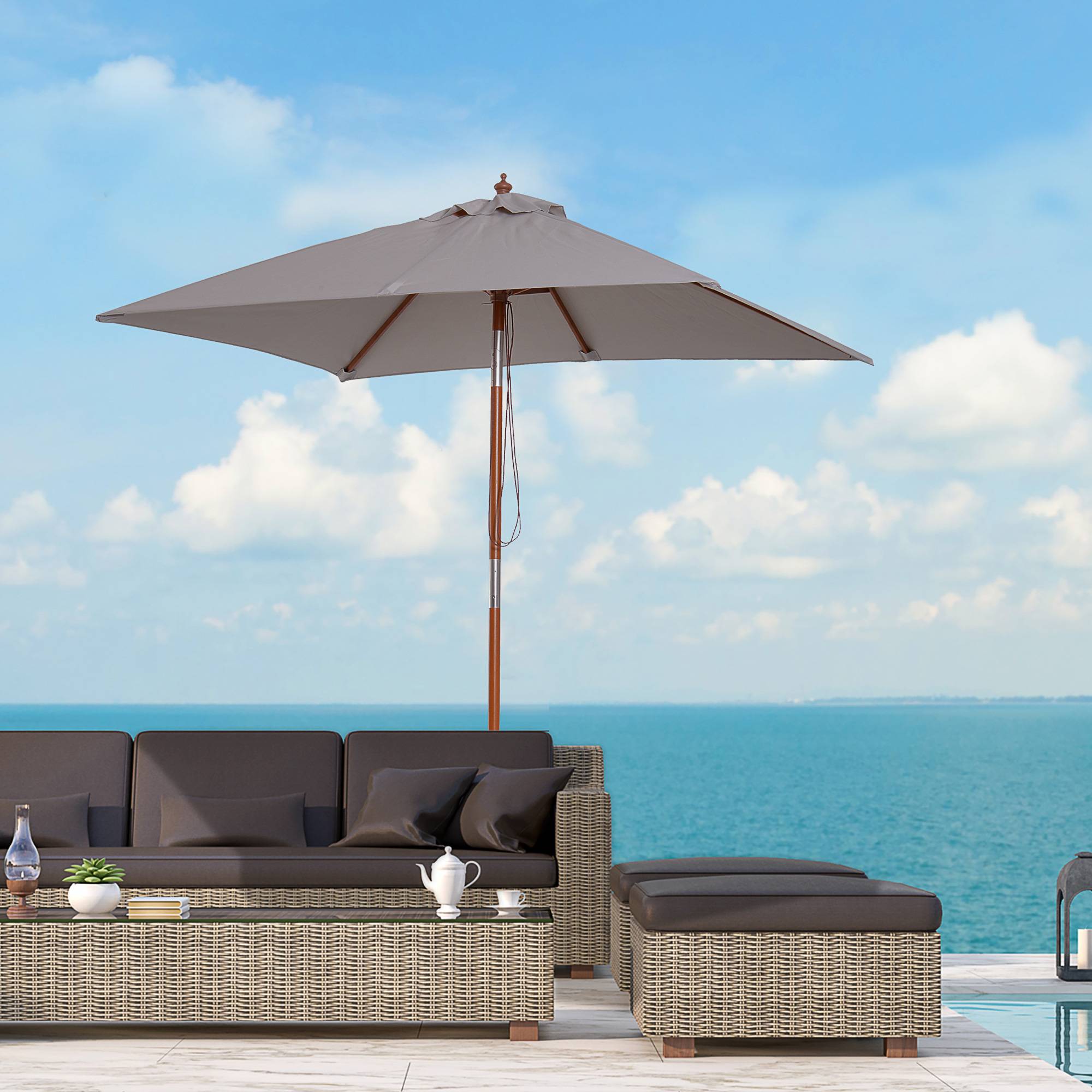 ComfortXL - Parasol de Jardin Rectangulaire Mât Bois Inclinable à Poulie 200x150 cm Gris - ComfortXL Outdoor Living - Image 4