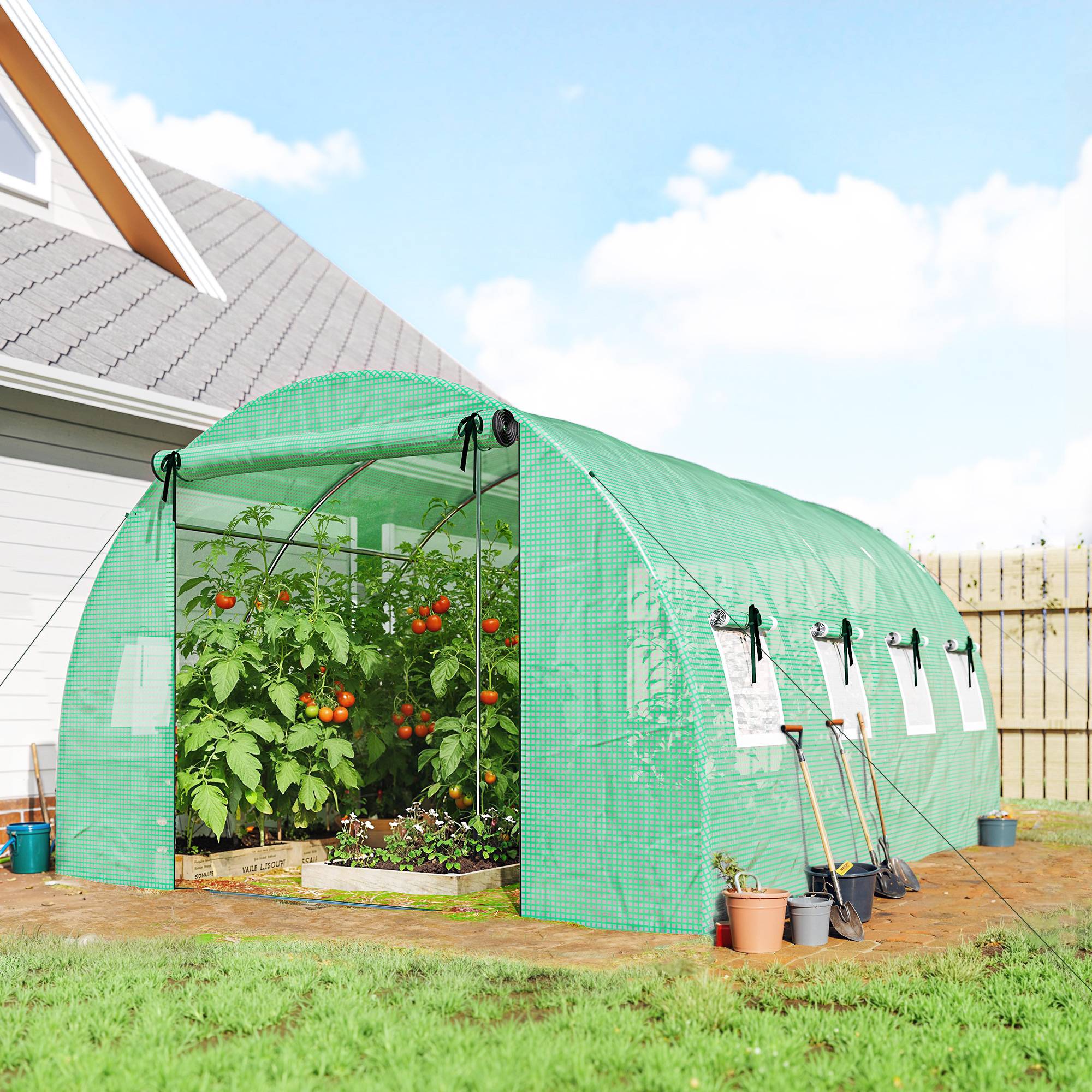 Outsunny - Serre tunnel de jardin 12 m² - bâche PE 140 g/m² - 2 portes et 8 fenêtres - 295x400x200cm - bâche PE 140 g/m² - vert - Outsunny - Image 6