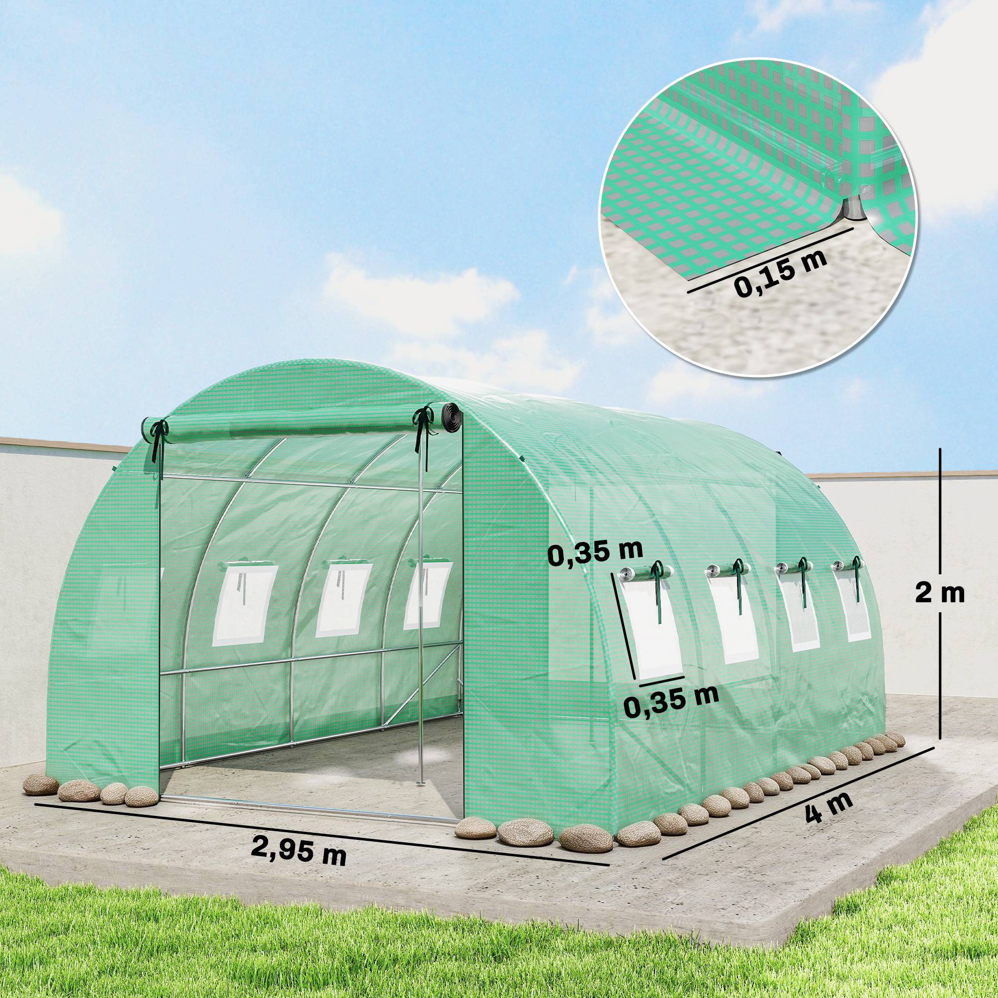 Outsunny - Serre tunnel de jardin 12 m² - bâche PE 140 g/m² - 2 portes et 8 fenêtres - 295x400x200cm - bâche PE 140 g/m² - vert - Outsunny - Image 3