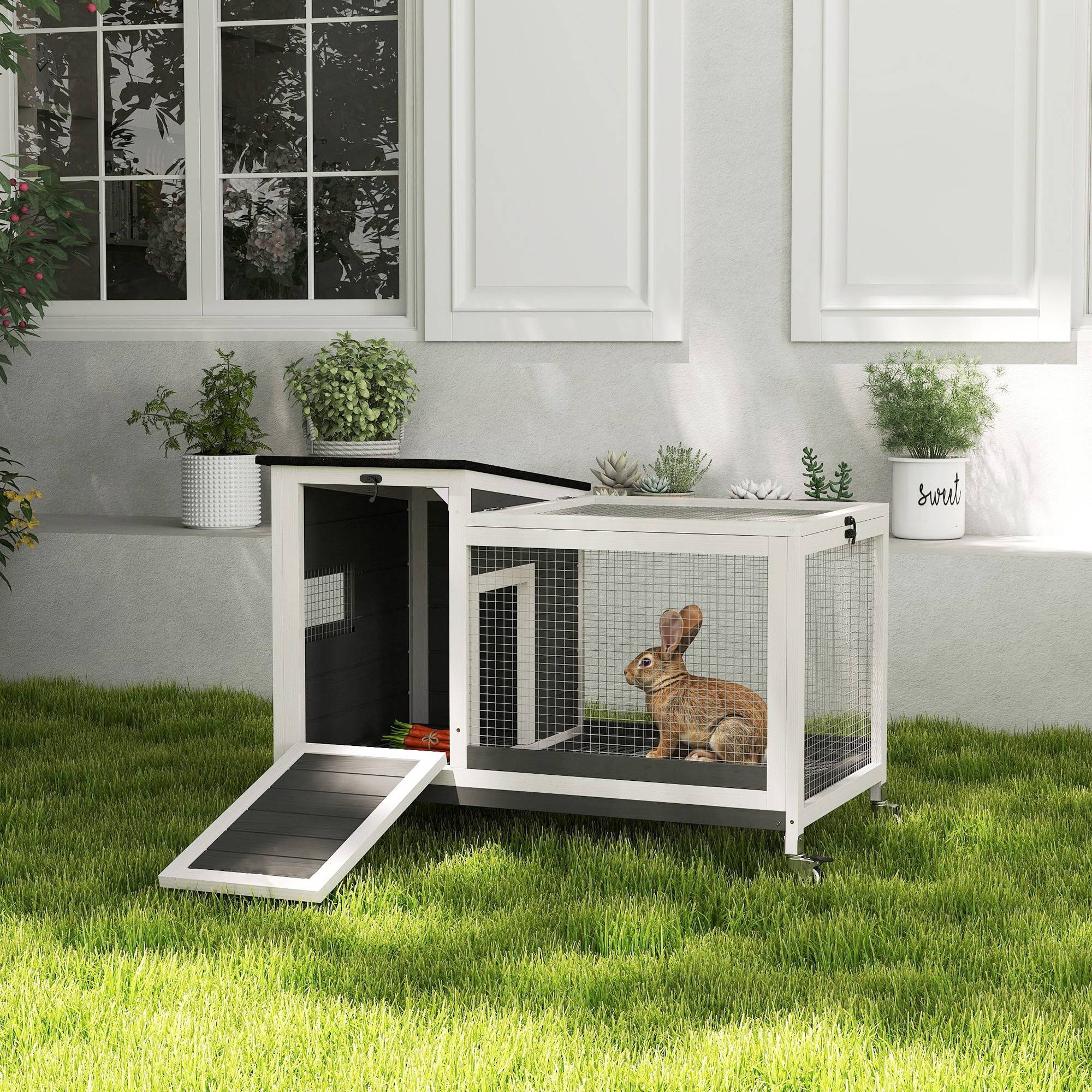 Clapier extérieur sur roulettes bois lapin tiroir profond 91x51x66cm gris foncé - ComfortXL Outdoor Living - Image 4
