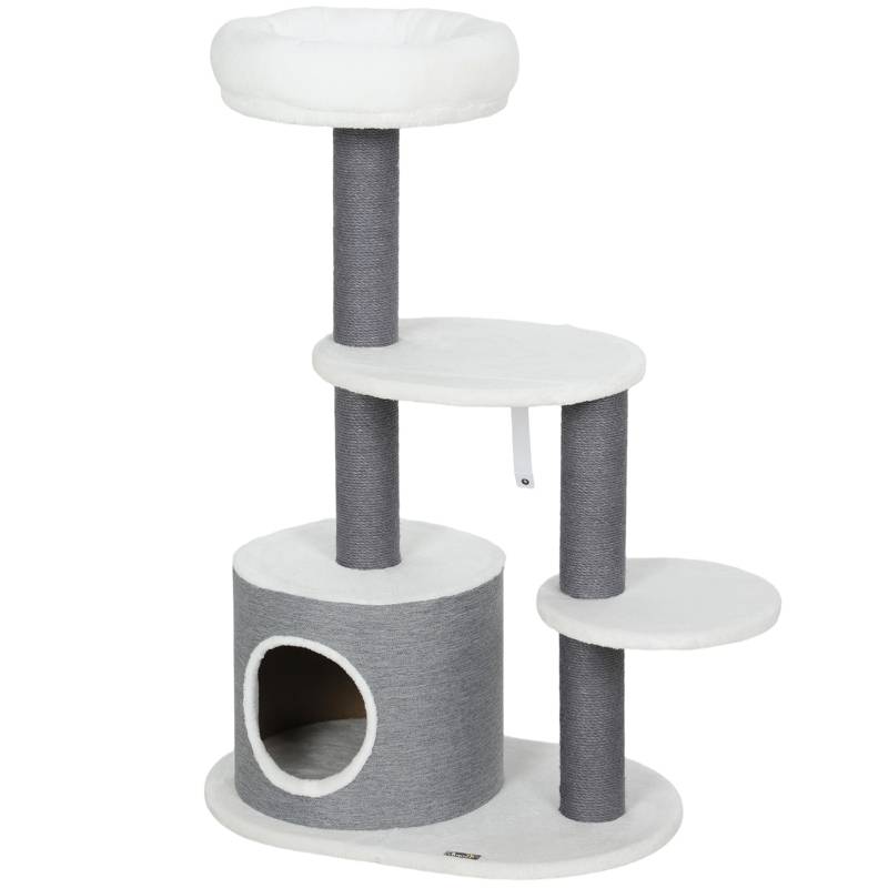 Arbre à chat avec 1 niche, 1 panier, 2 plateformes, poteaux en corde de jute, blanc et gris - Image 1