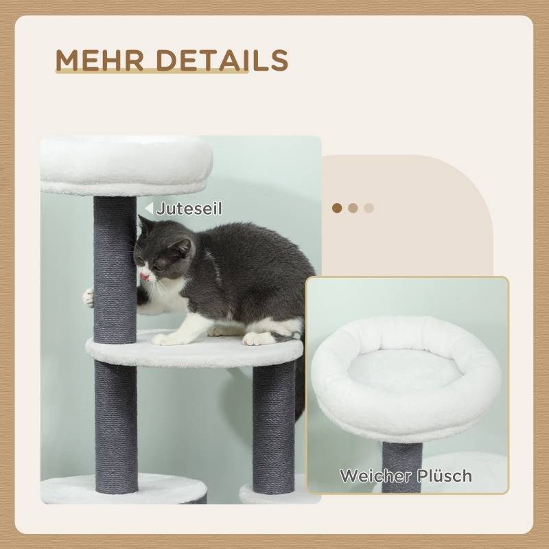 Arbre à chat avec 1 niche, 1 panier, 2 plateformes, poteaux en corde de jute, blanc et gris - Image 5