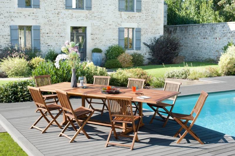 Macabane - MAEVA - Ensemble de jardin bois teck huilé table 200/300cm + 8 chaises - Imagen 2