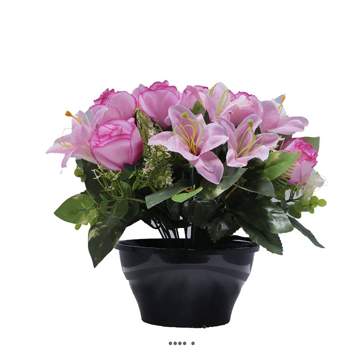Artificielles - Coupe fleurs artificielles cimetière roses, lys et feuillage D 28 cm Rose pâle - couleur: Rose pâle - Imagen 1