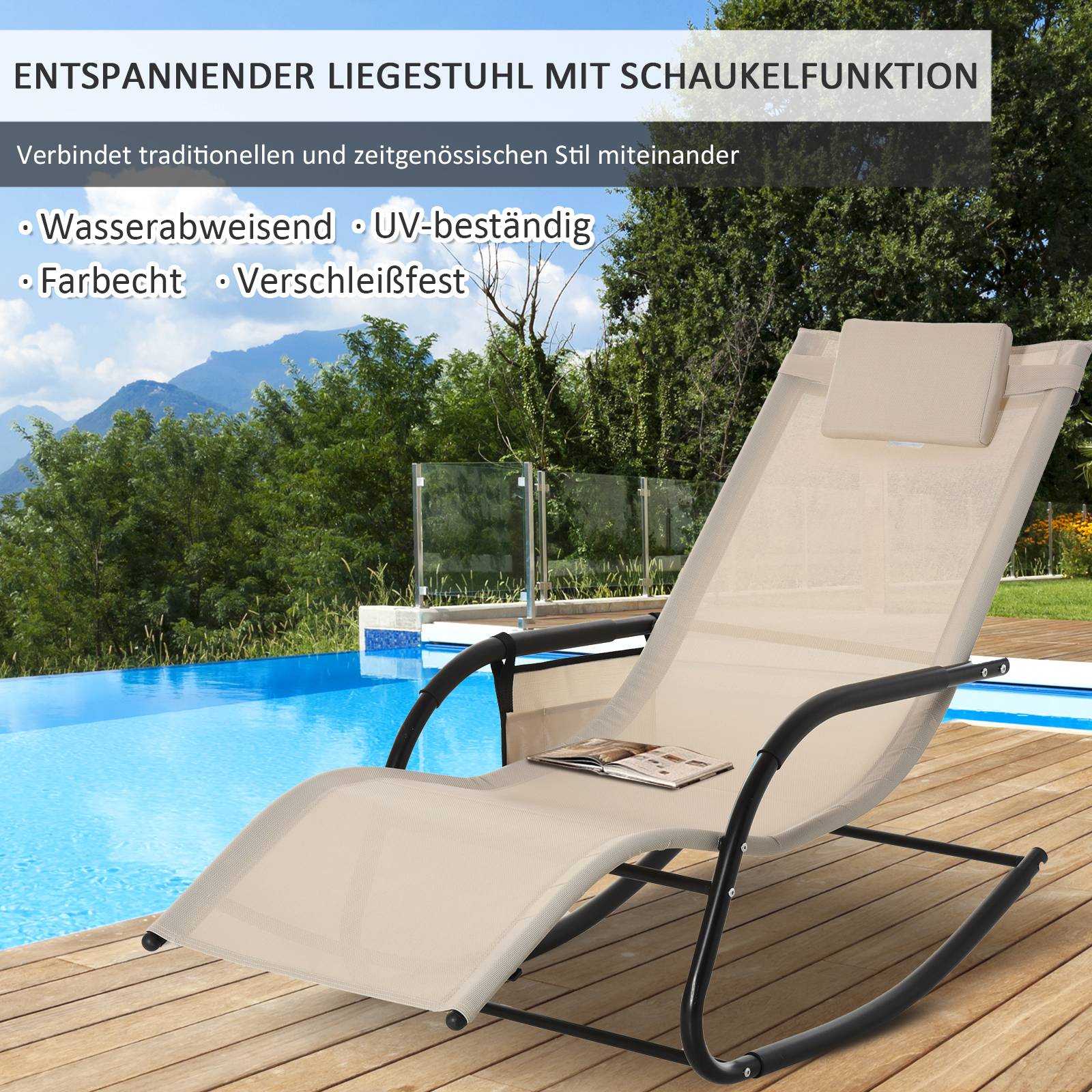 Chaise longue à bascule métal jardin piscine ergonomique 150x62x88cm beige - ComfortXL Outdoor Living - Image 6