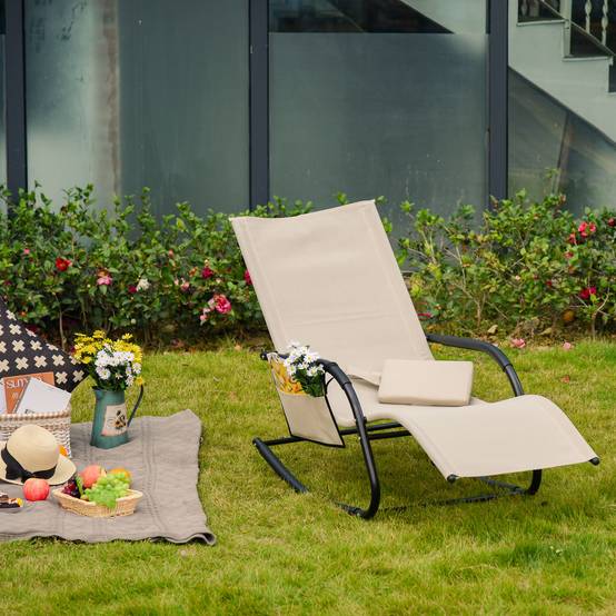 Chaise longue à bascule métal jardin piscine ergonomique 150x62x88cm beige - ComfortXL Outdoor Living - Image 4