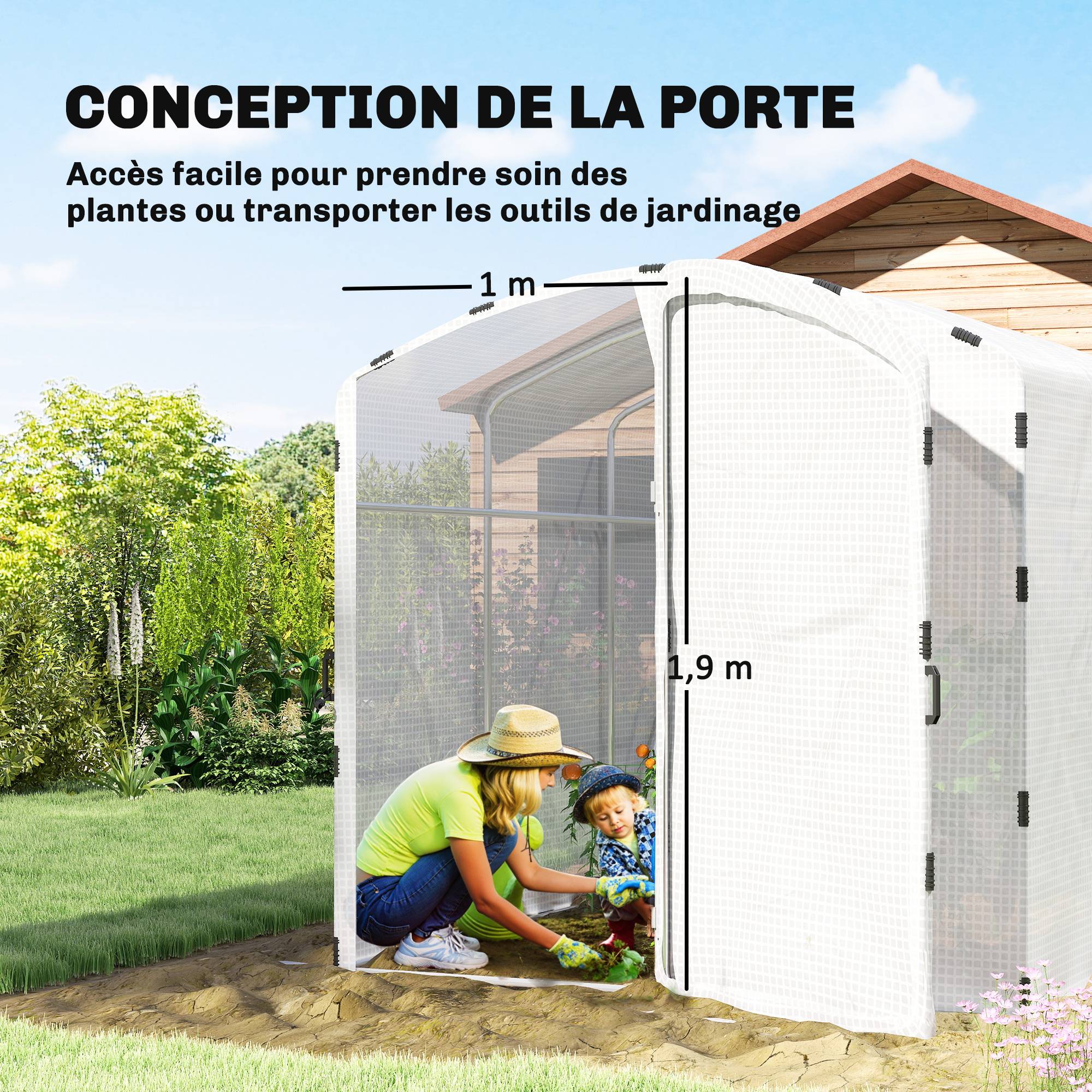 Serre tunnel de jardin 6m², serre de jardin tunnel 300x200x195cm bâche PE 220g/m² bords prolongés 50 cm avec porte blanc - Image 7