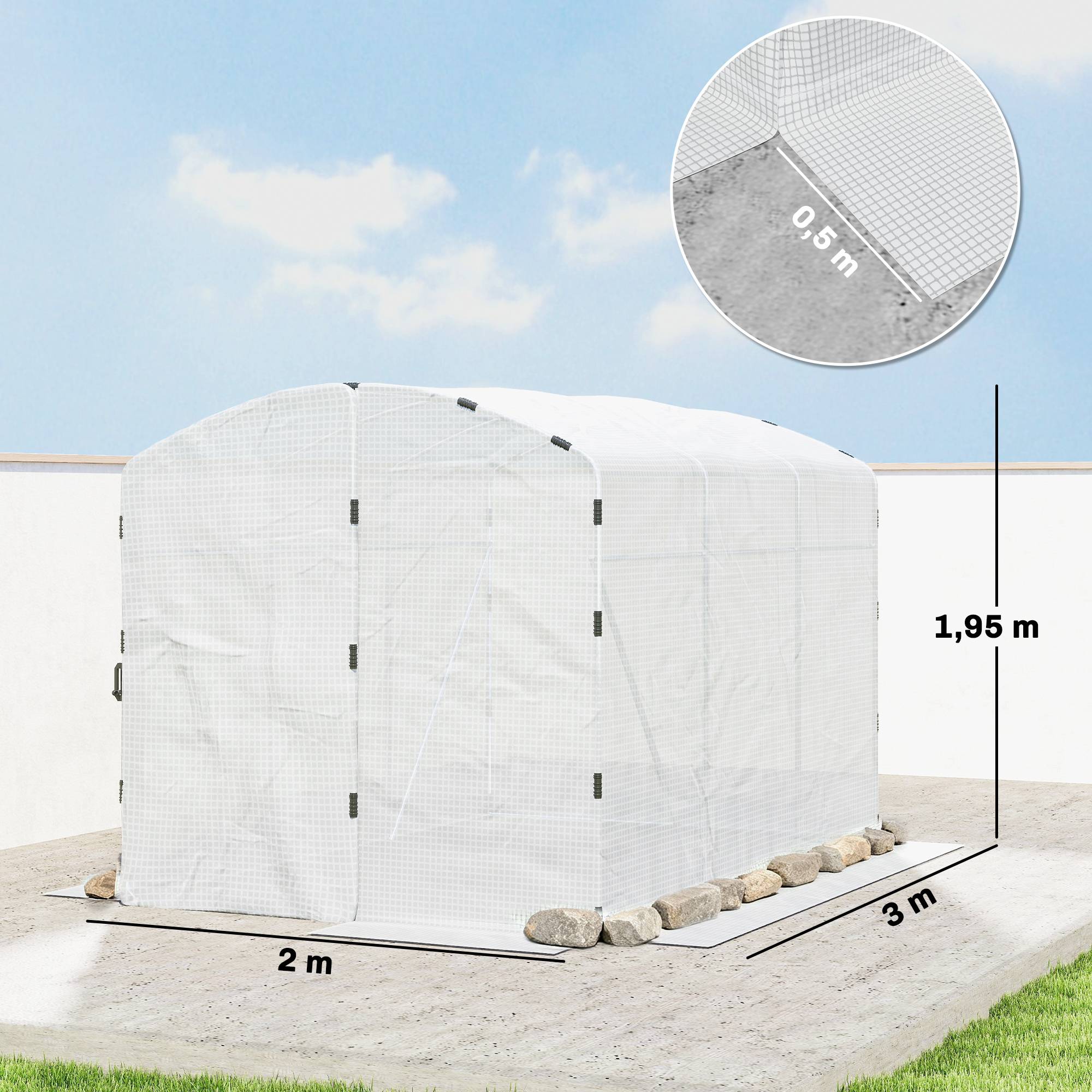 Serre tunnel de jardin 6m², serre de jardin tunnel 300x200x195cm bâche PE 220g/m² bords prolongés 50 cm avec porte blanc - Image 5